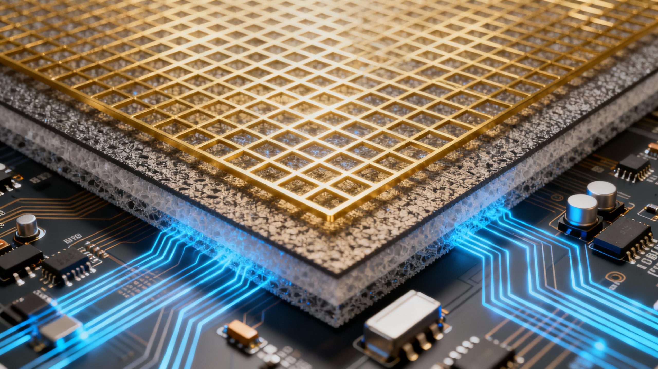 A close-up technical diagram of a pressure-sensitive yoga mat’s interior layers. Gold-colored sensor grids intersect beneath a textured surface layer, with circuit board components visible at the mat’s edge. An animated blue light pulses through the wiring, symbolizing data transmission.
