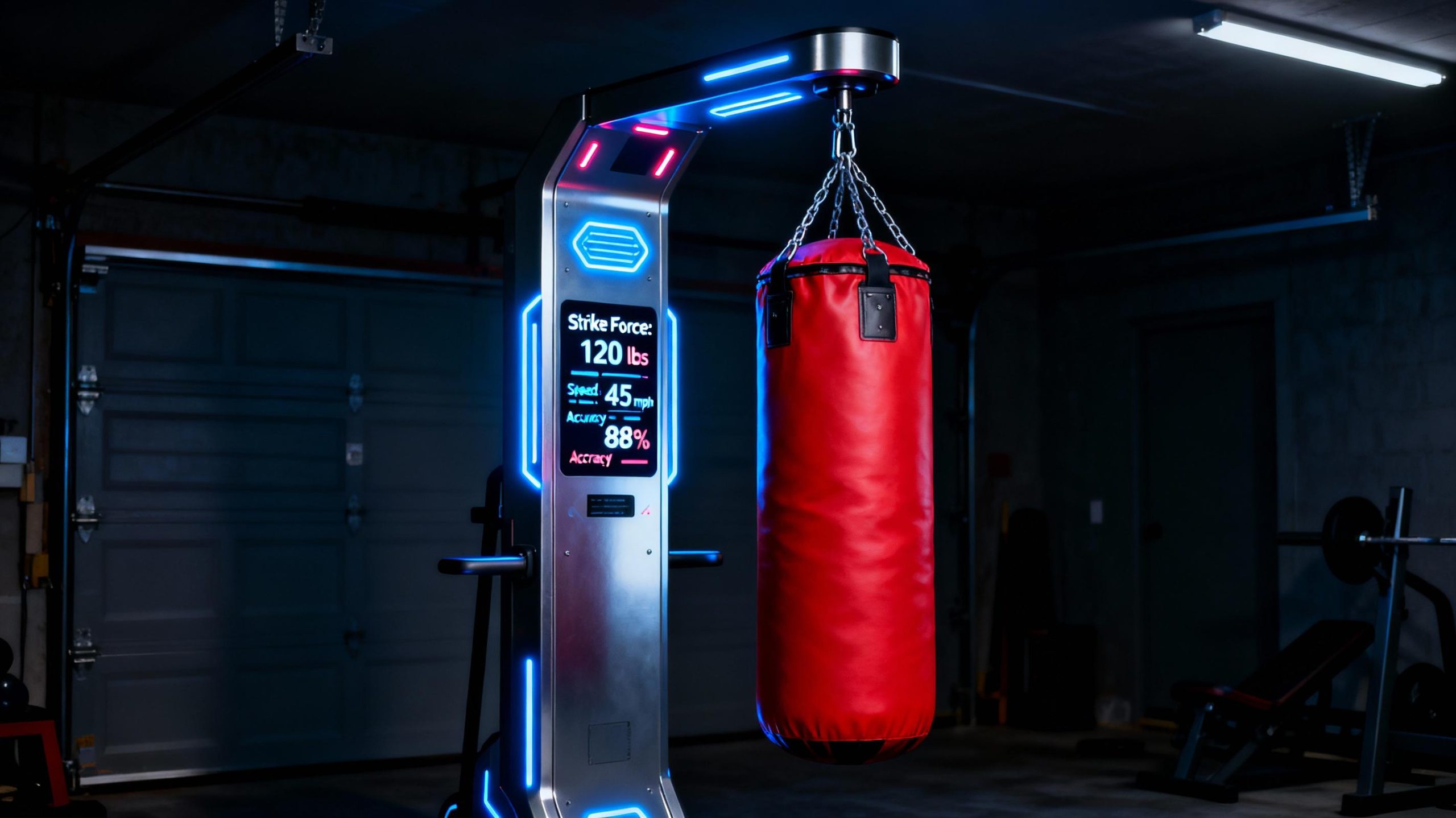 A high-tech adaptive punching bag stand with embedded LED sensors and a digital display showing real-time strike metrics. The stand’s metallic finish contrasts with a vibrant red punching bag, set in a dimly lit garage gym. Blue accent lighting highlights the tech-forward design, creating a futuristic training environment.