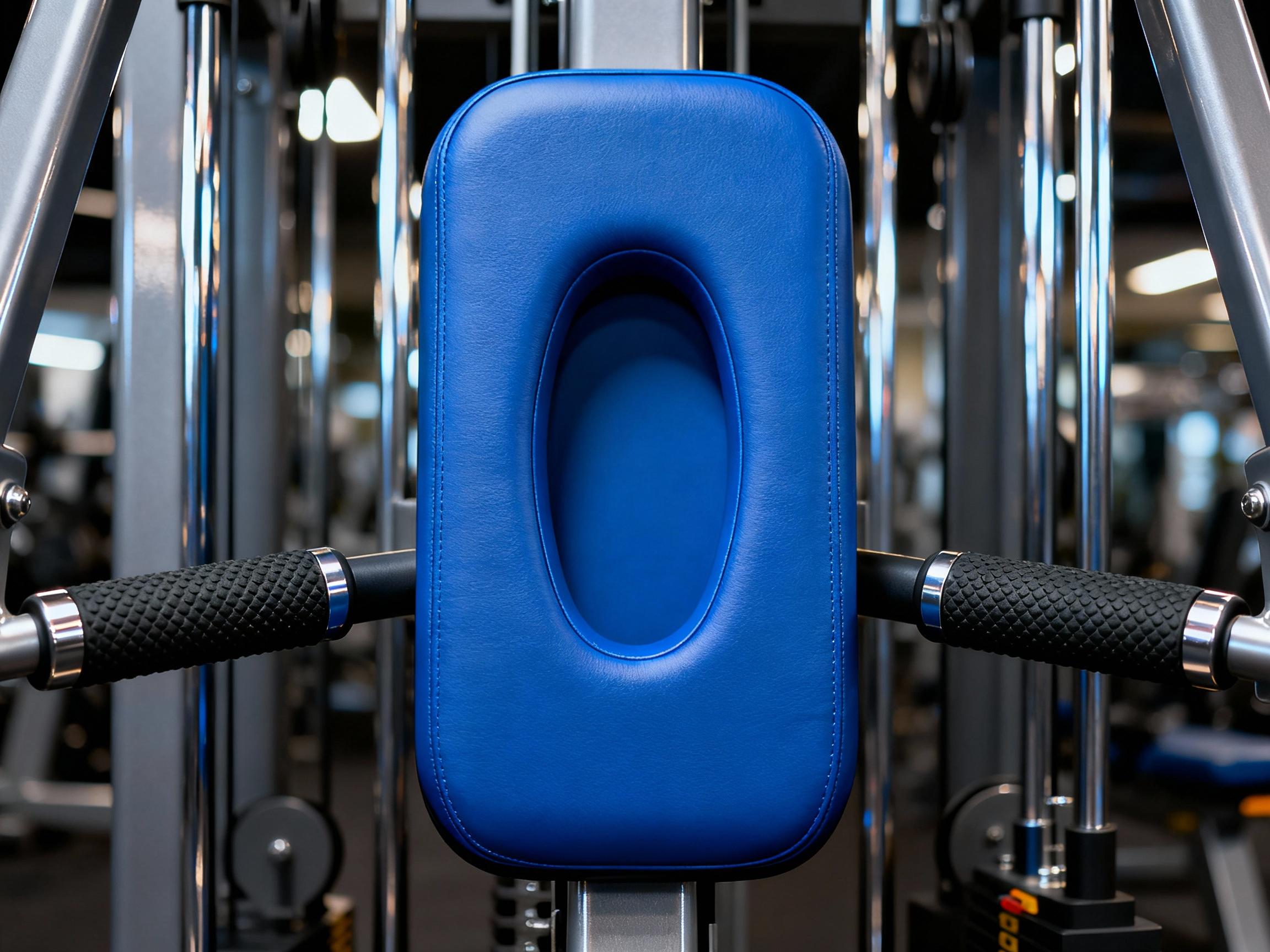 Close-up of a headrest cutout on a chest press machine, showing a deep elliptical recess in royal blue padding. The design supports a user's neck in a neutral position, with textured grips on the handles and polished steel hydraulics visible in the background.