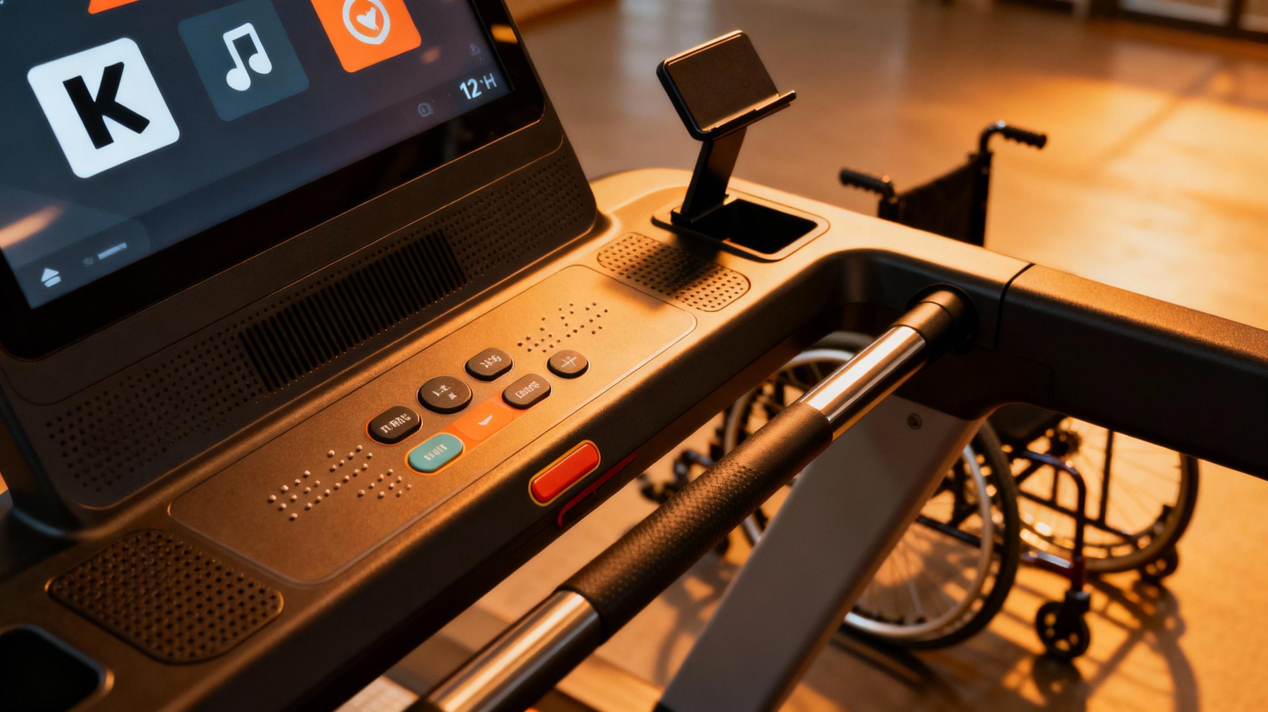 A close-up of a treadmill console with tactile buttons labeled in Braille, a 12-inch touchscreen displaying bold icons, and an adjustable stand that tilts to accommodate wheelchair users. Warm ambient lighting highlights the console’s rubberized edges and non-slip surfaces.