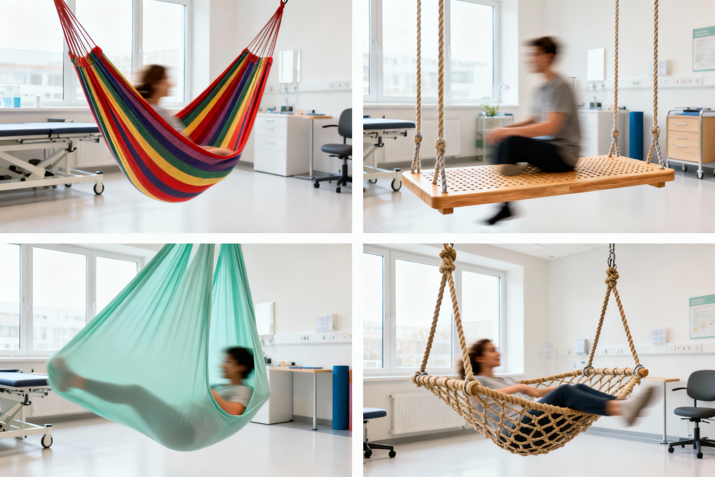 Collage of four therapy swings in a bright, modern clinic: a rainbow-striped hammock swing, a wooden platform swing with grip-textured surface, a cocoon pod in mint-green lycra, and a net swing with woven ropes. Each swing is shown in use, with blurred figures demonstrating gentle motion.