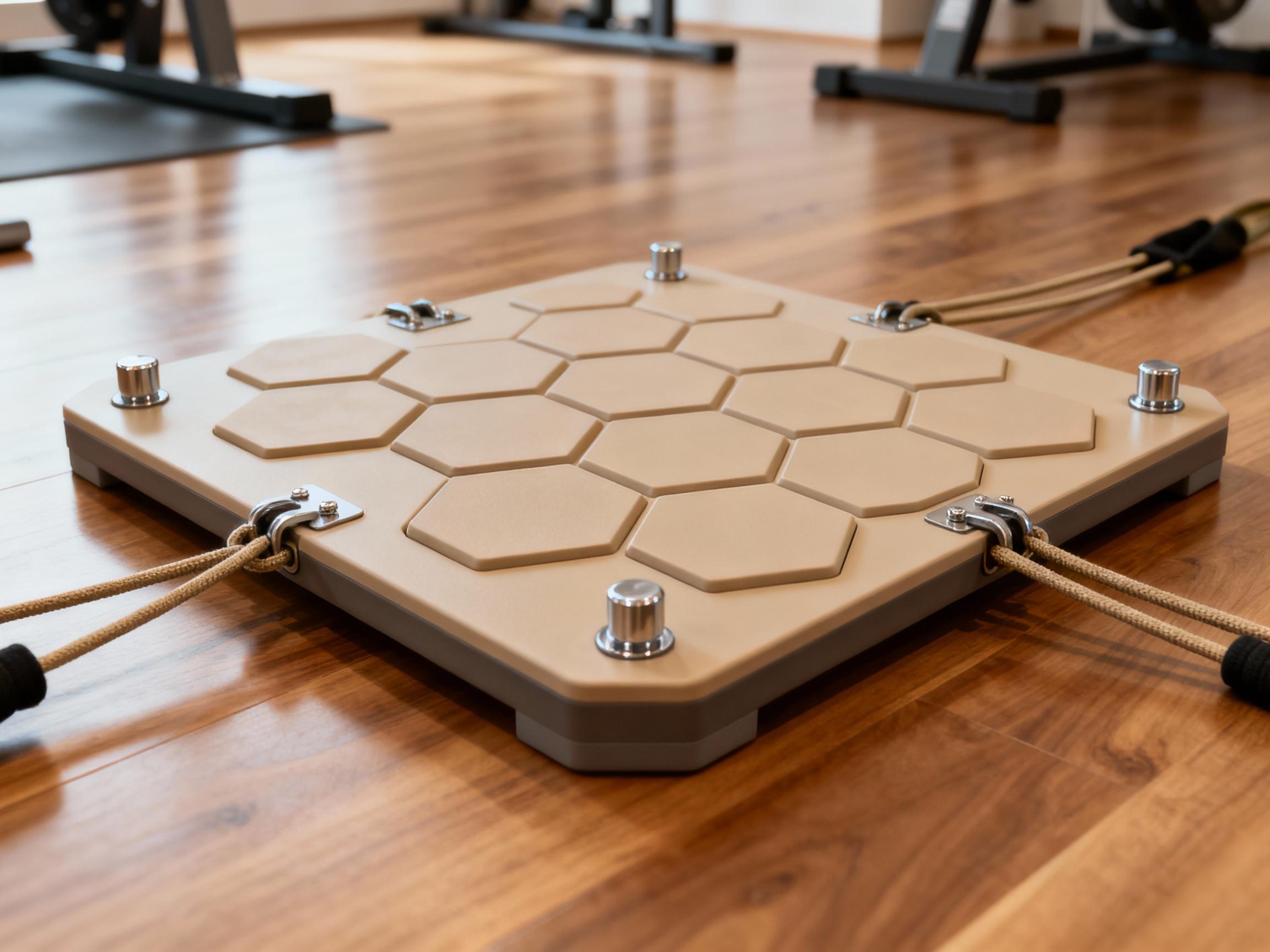Close-up of a customizable proprioception board with detachable hexagonal tiles, metallic adjustment knobs, and elastic resistance bands anchored to its edges, set against a sleek wooden floor in a minimalist home gym.