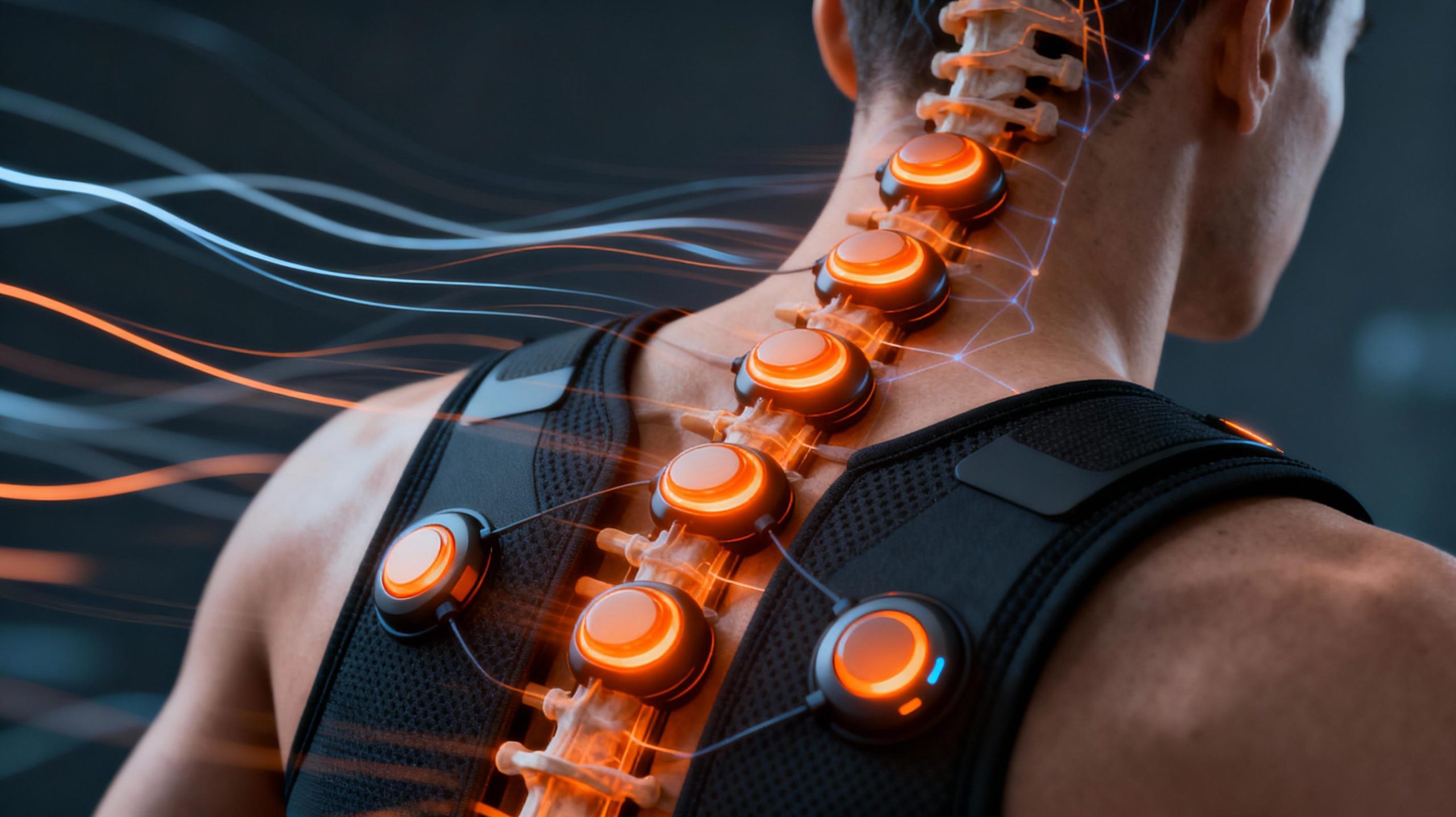 A close-up of a haptic vest's sensors placed along a human spine, with warm orange glows highlighting each node. The background features abstract motion lines symbolizing movement and neural pathways, blending technology with human anatomy.