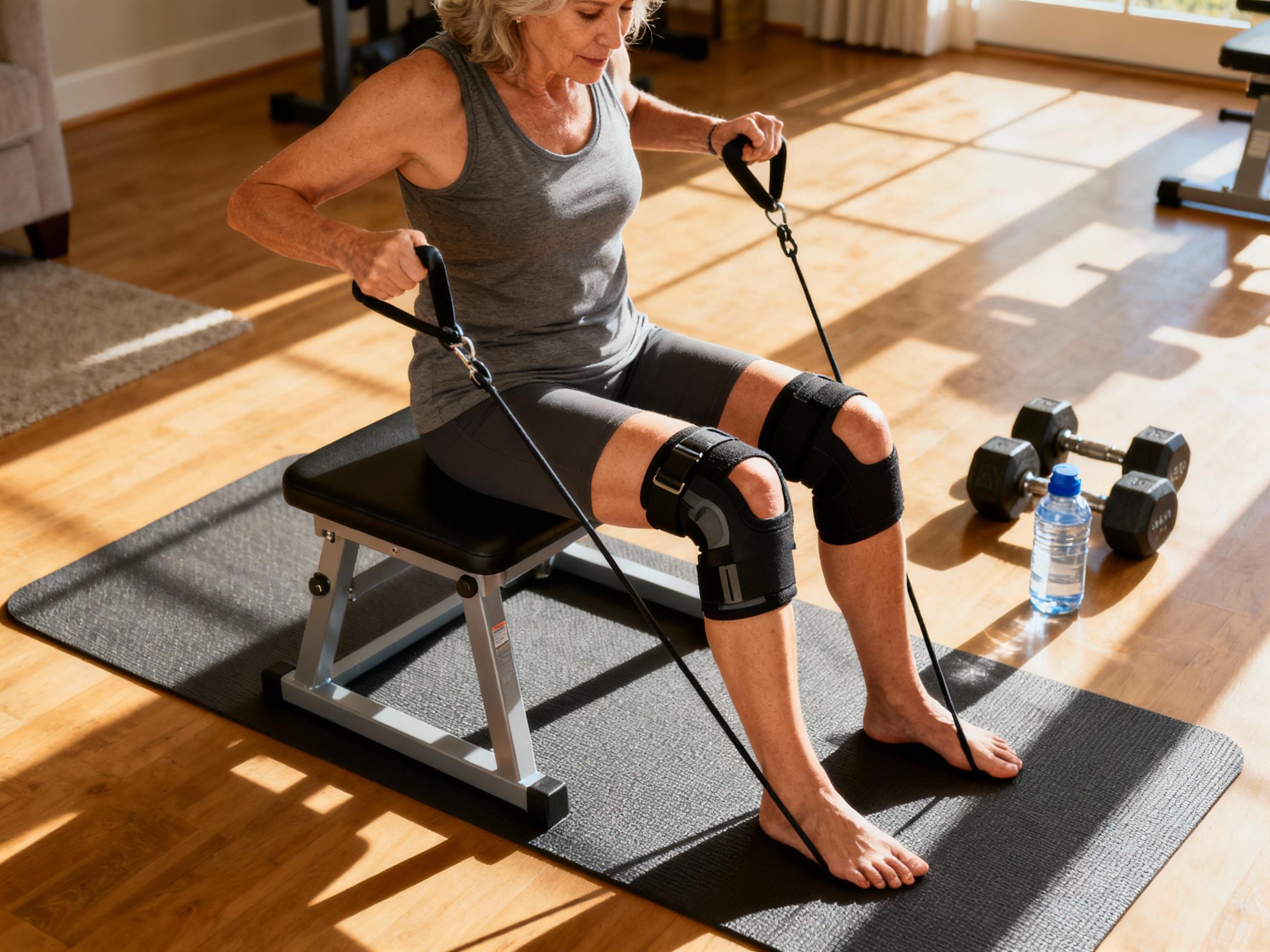 A middle-aged woman with a knee brace performing seated resistance band exercises on a transfer bench. The bench is placed on a non-slip yoga mat in a sunny home gym, with dumbbells and a water bottle nearby. Her expression shows concentration and determination, highlighting the bench's role in accessible fitness.