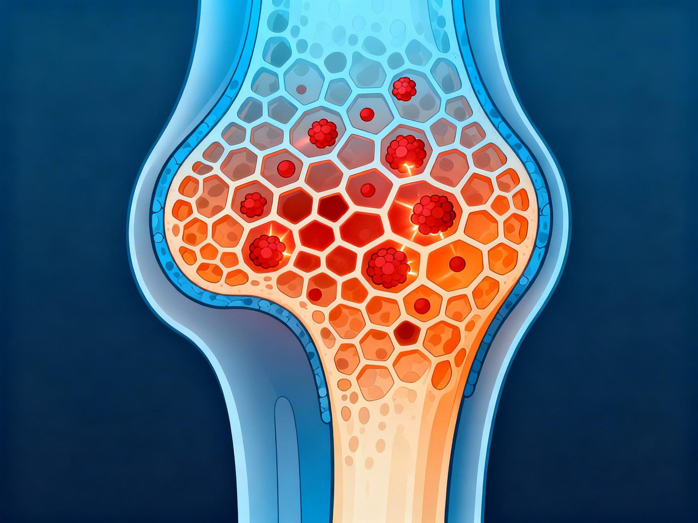 A cross-sectional illustration of human femur bone under vibration therapy, showing red osteoblast cells activating within honeycomb-like trabecular structures. Cool blue gradients transition to warm oranges, symbolizing strengthened bone density. Scientific yet approachable visual style with clean lines.