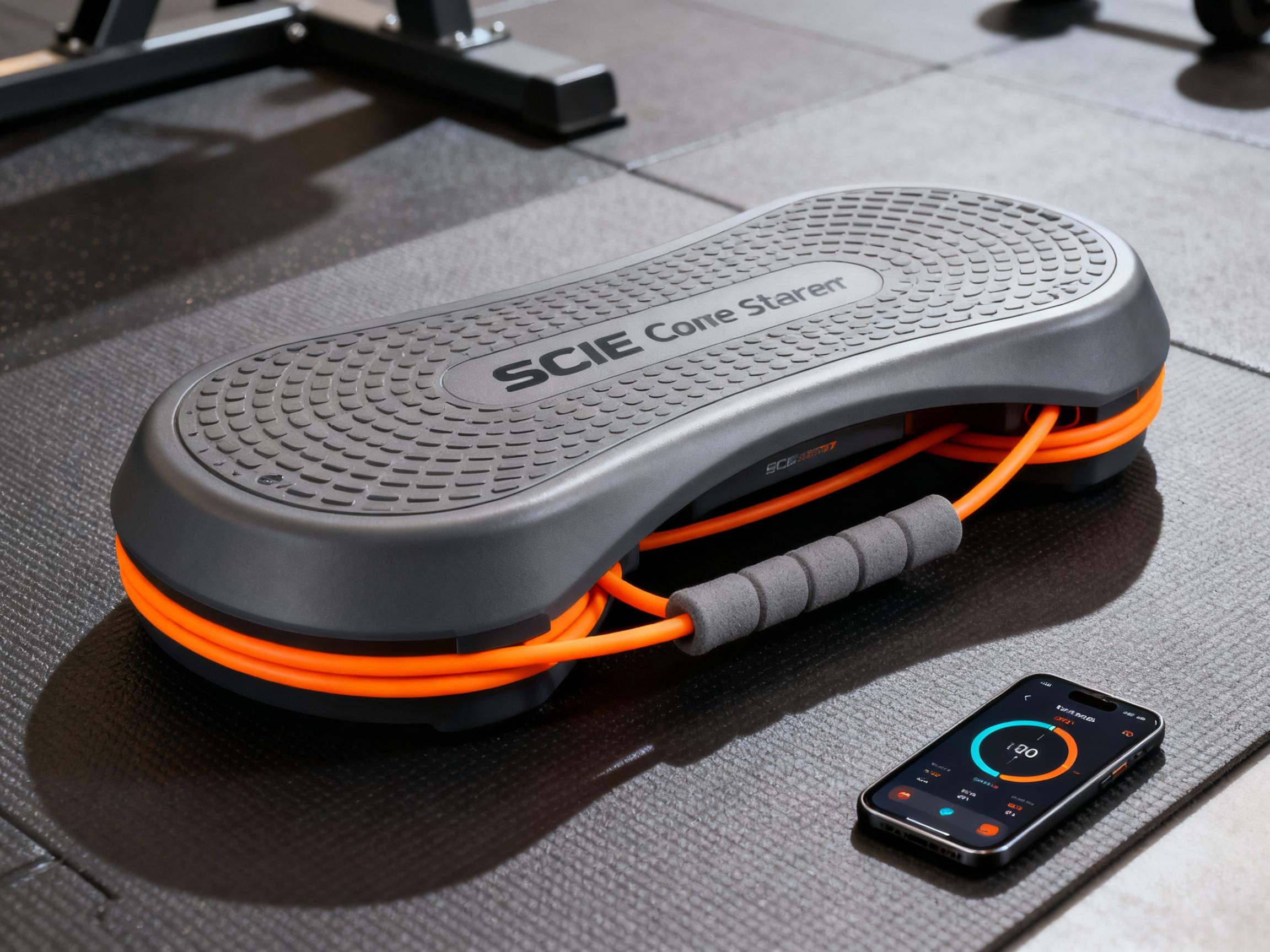 A close-up of an SCI Core Stabilizer device resting on a gym mat. The image showcases its ergonomic design: a textured, slightly curved platform with integrated resistance bands in bright orange and gray. Studio lighting highlights the product’s sleek contours and durable materials. A smartphone app visible in the corner displays real-time biometric feedback, emphasizing the fusion of analog and digital fitness tools.