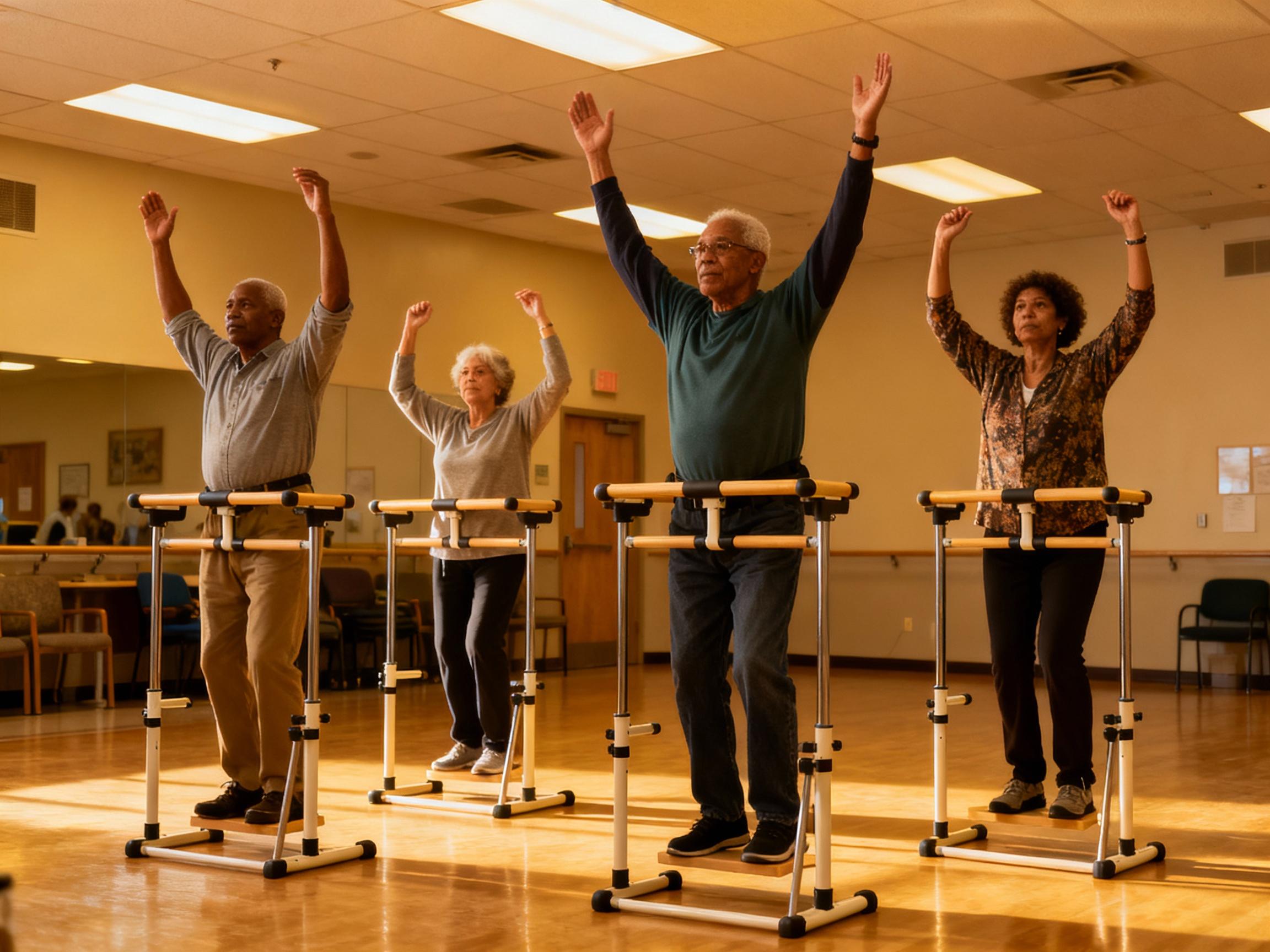 A diverse group of four people using standing frames in a community center. Each frame is adjusted to different heights, with participants engaging in arm raises and light stretches. Warm overhead lighting highlights their determined expressions and coordinated movements, emphasizing camaraderie and shared goals.