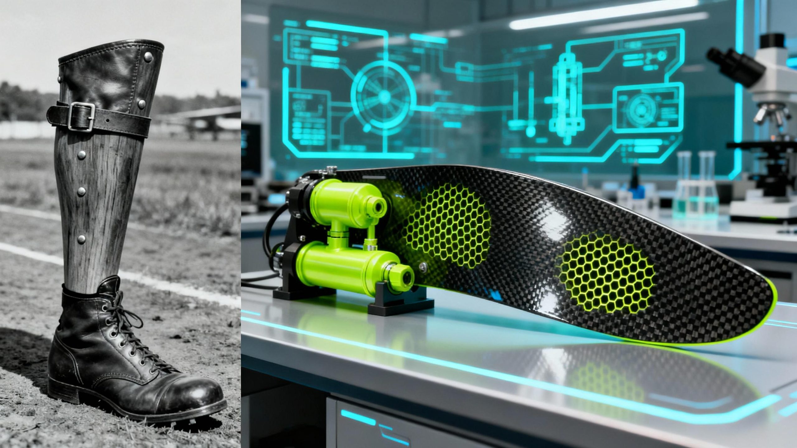 A split-image infographic contrasting historical and modern sports prosthetics. Left: A black-and-white photo of a 1940s leather-and-wood running leg with rivets and straps. Right: A glossy close-up of a contemporary carbon-fiber blade with honeycomb texture and neon-green hydraulic components, placed on a high-tech lab bench with digital design schematics glowing in the background.