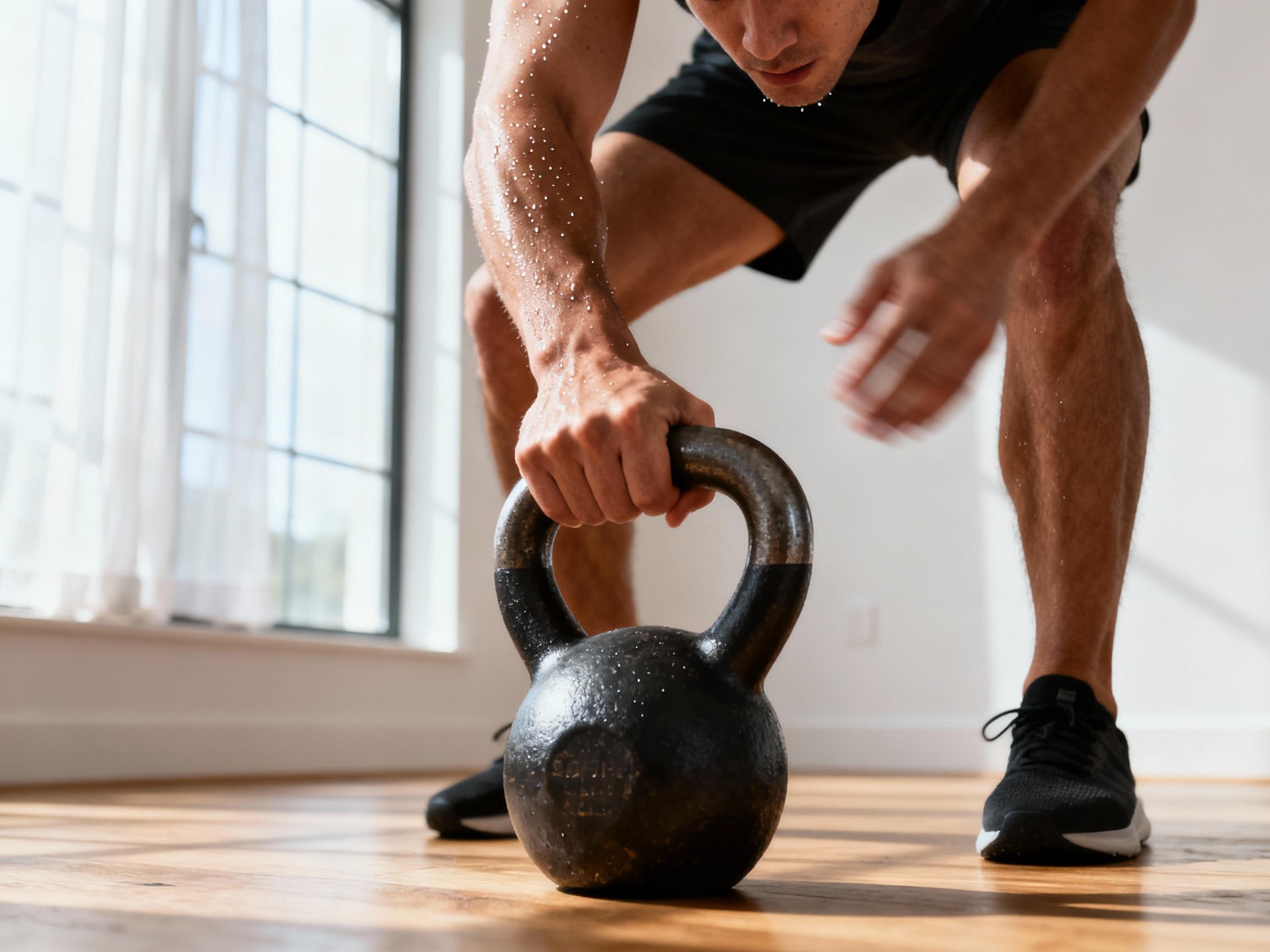 Athlete performing a kettlebell swing with an adjustable grip in a minimalist home gym, natural light from a nearby window illuminating sweat and motion blur, showcasing intensity and functional fitness.