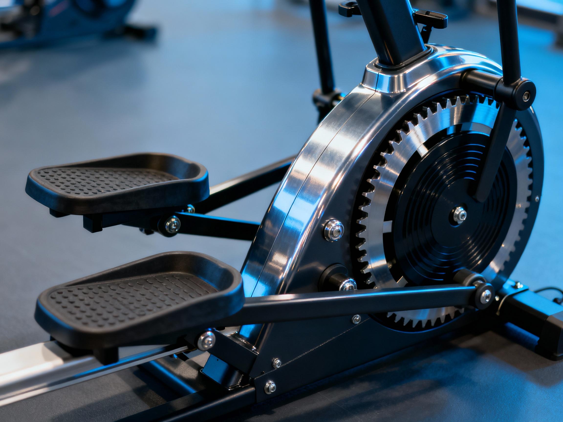 A detailed close-up of a seated elliptical's flywheel and pedal mechanism, highlighting polished steel components and ergonomic footplates. Cool-toned lighting accentuates the precision engineering, conveying durability and smooth motion for low-impact exercise.