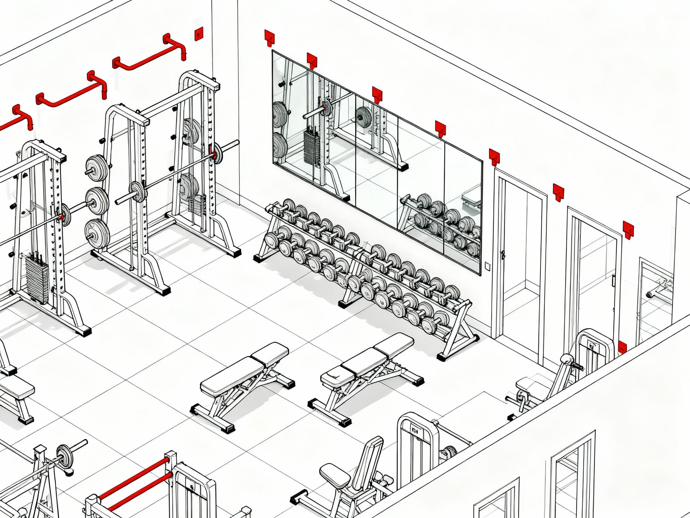 An overhead blueprint-style image of a gym layout with red markers indicating grab bar placements near weight racks, mirrors, and entryways, emphasizing spatial planning and ergonomic flow.