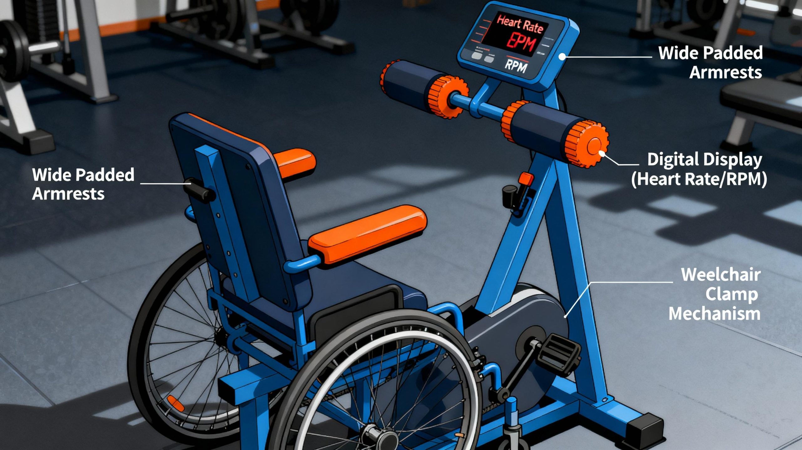 A detailed side view of an SCI-friendly arm ergometer with labeled components: wide padded armrests, a digital display showing heart rate and RPM, and a wheelchair clamp mechanism. The device’s steel frame is painted in matte blue, with vibrant orange resistance knobs. Ambient gym lighting casts subtle shadows, emphasizing its robust construction.