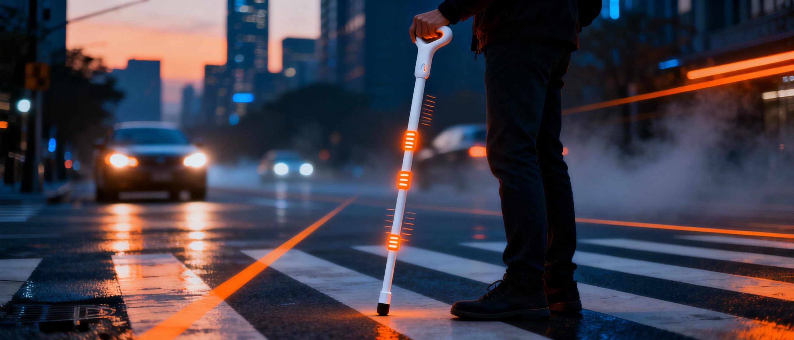 A futuristic white cane with glowing orange sensors along its shaft, held by a person standing at a crosswalk. The cane emits subtle light pulses synchronized with haptic vibrations, set against a dusk cityscape with car headlights blurred in the background. Art style combines cyberpunk aesthetics with practical ergonomics.
