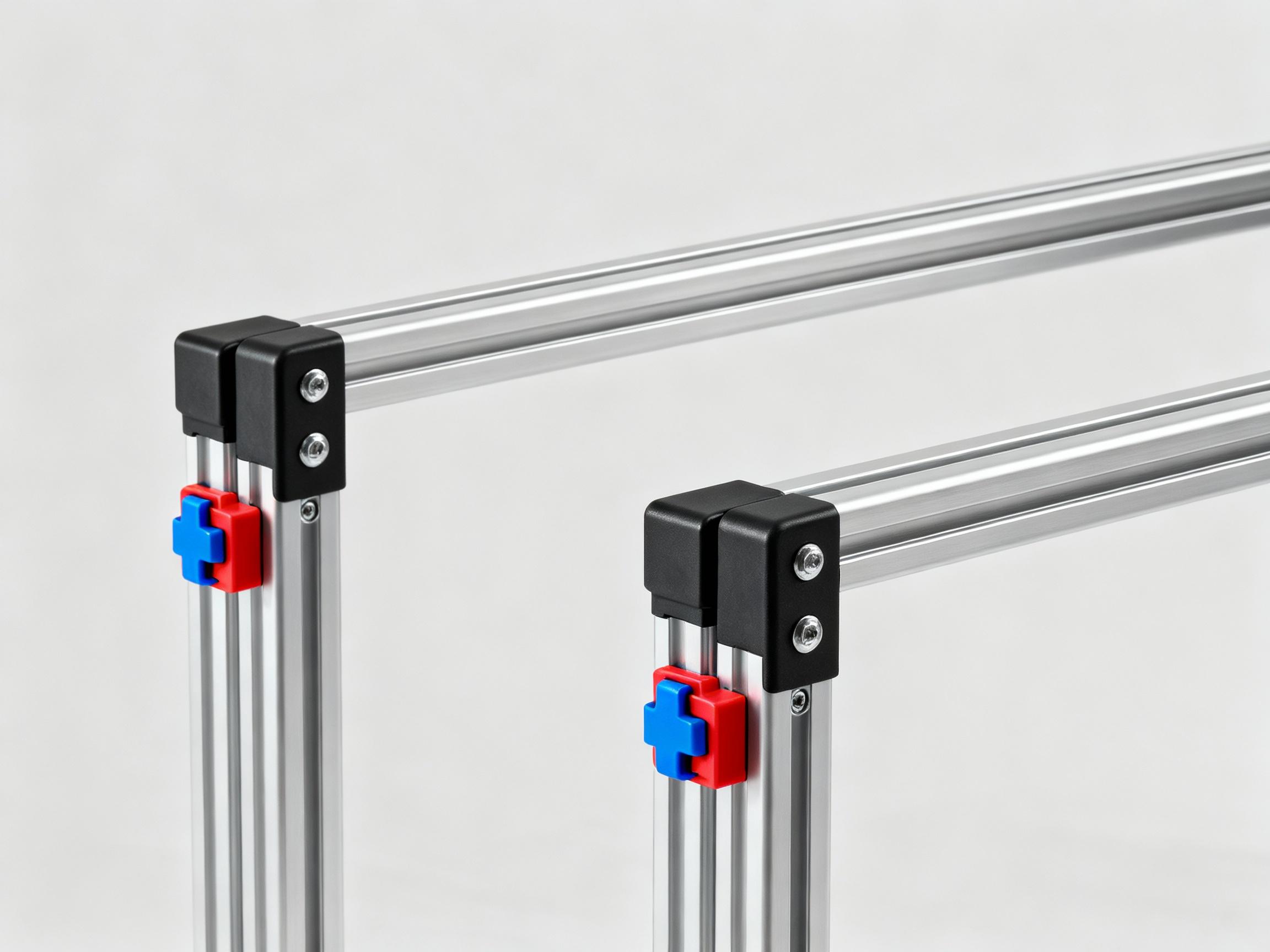Close-up of modular portable parallel bars with telescopic height adjustments and interlocking joints. The anodized aluminum frame has color-coded safety locks against a neutral studio backdrop, highlighting engineering precision and user-friendly customization.
