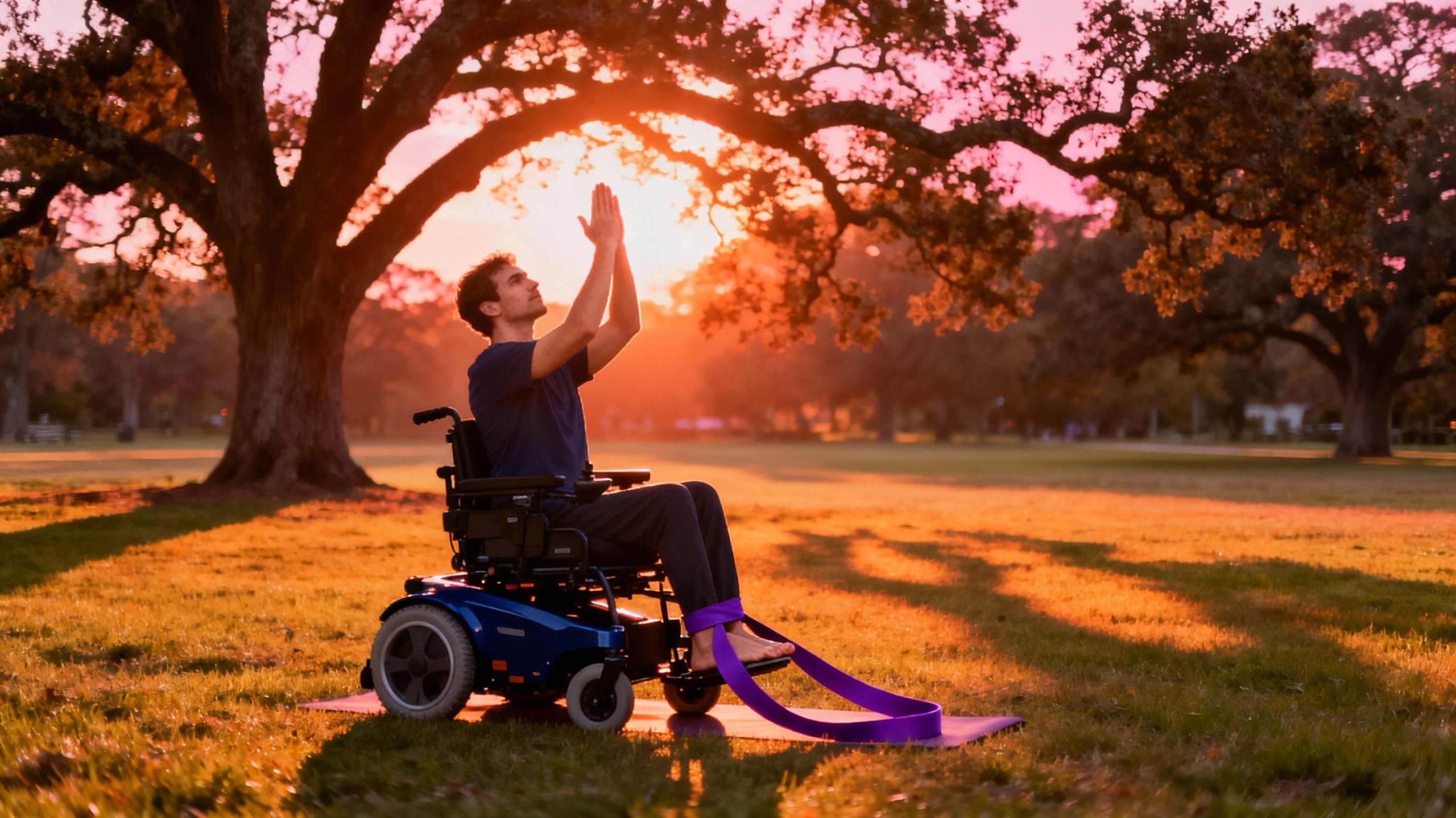 A serene sunset scene featuring a man in a navy blue power wheelchair practicing yoga poses in a park. His hands are raised toward golden-hour light filtering through oak trees, with a purple yoga strap looped around his feet. The matte finish on his wheelchair reflects warm tones, conveying peace and accessibility in nature.