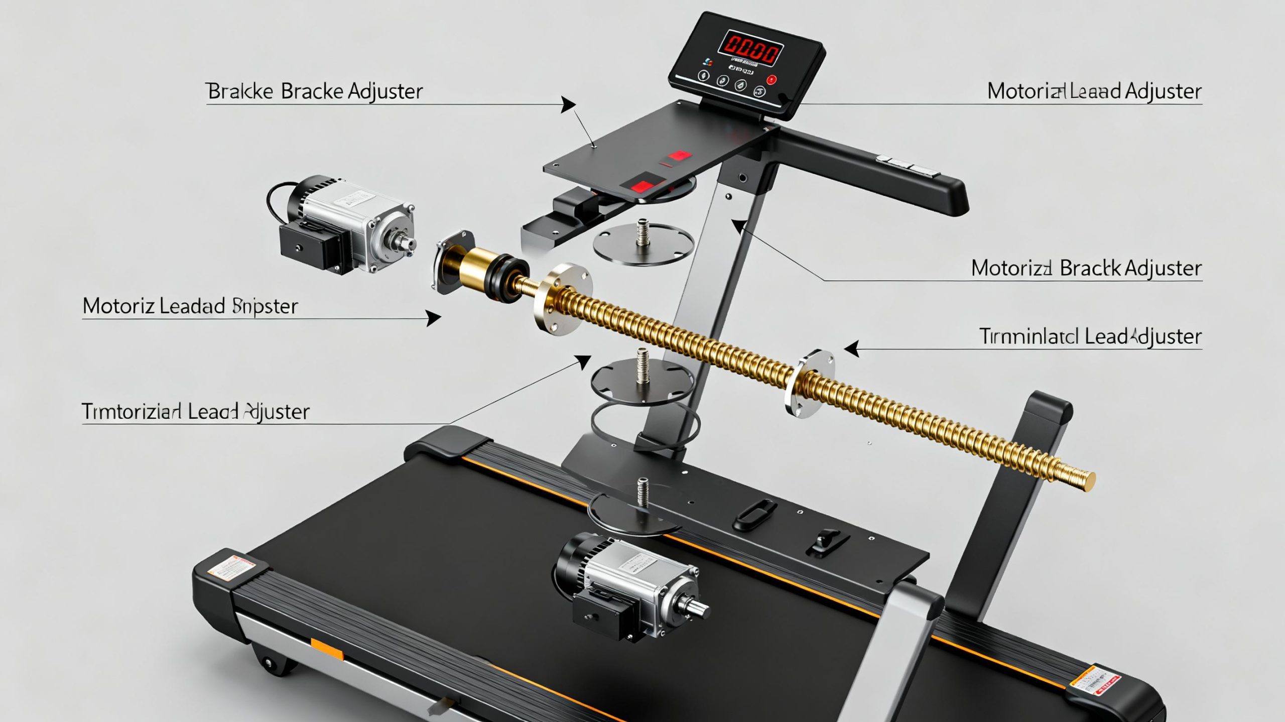An exploded technical diagram of a motorized treadmill bracket adjuster system, showcasing layered components: electric servo motors, brass lead screws, and digital control panels. Arrows indicate motion paths, with labels in a clean sans-serif font. The backdrop is a neutral gray, emphasizing technical clarity.
