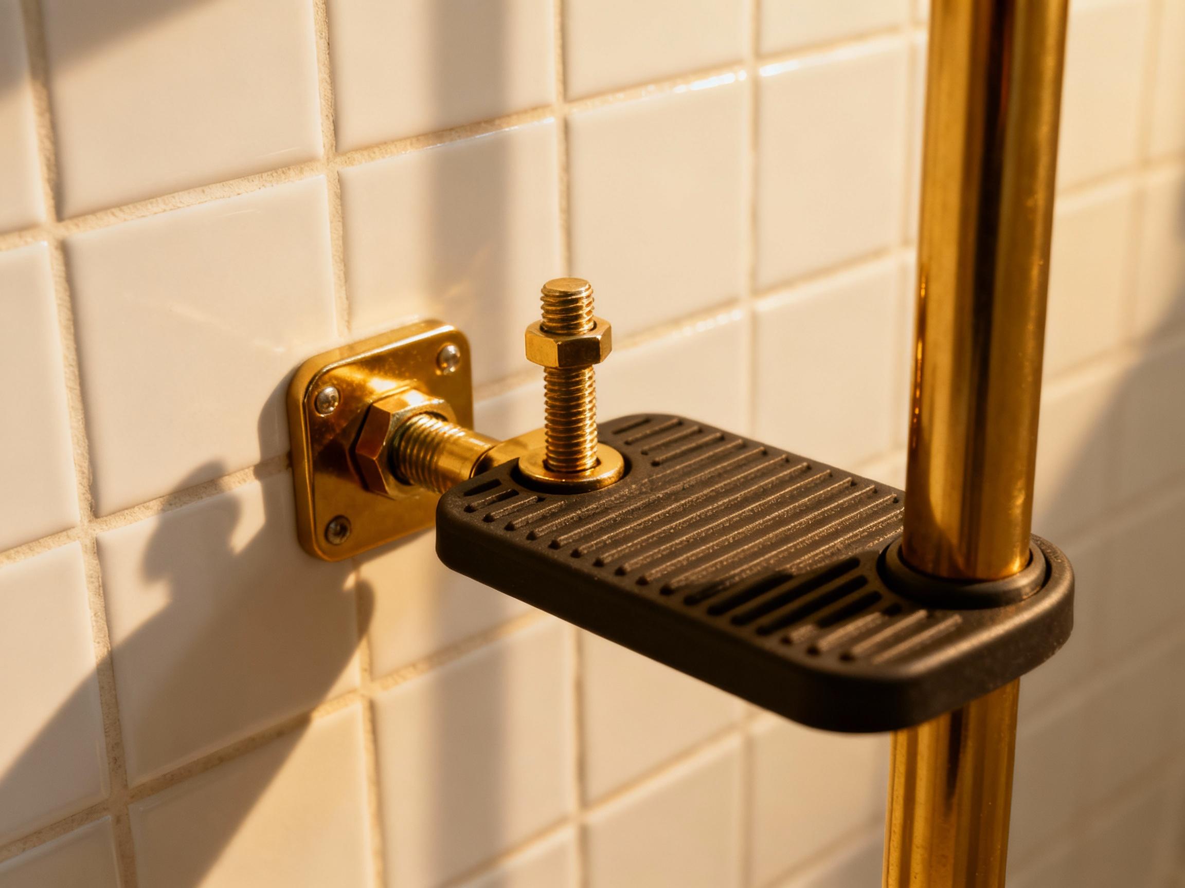 Close-up of a shower chair leg with a detachable anti-slip pad and adjustable bolt-on bracket. The image showcases metallic textures against a ceramic tile backdrop, with warm lighting accentuating practical design details.