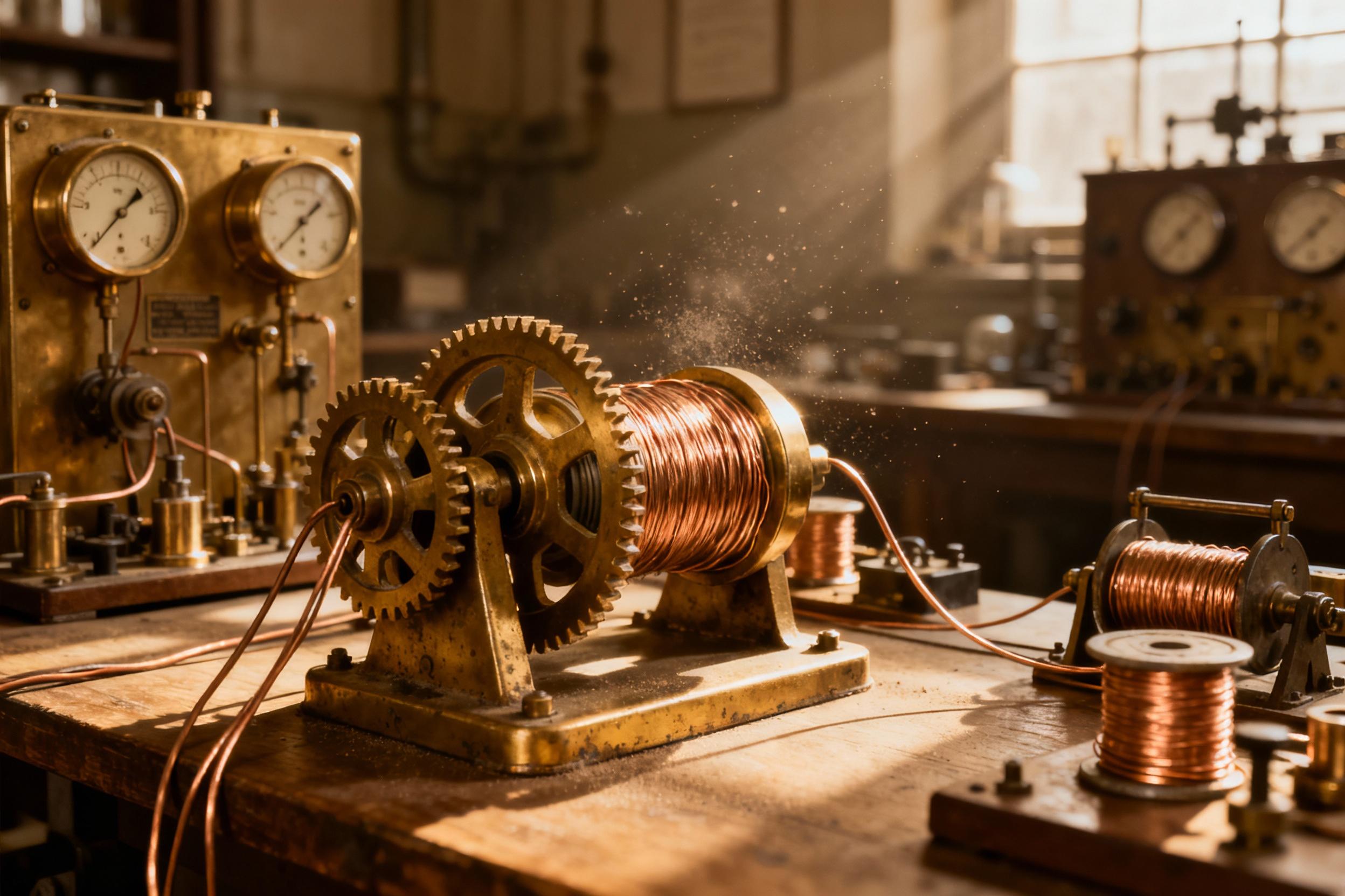 A sepia-toned photograph of an early 20th-century laboratory with brass dynamos, copper coils, and analog meters, illuminated by warm ambient light, evoking the dawn of electromechanical experimentation.
