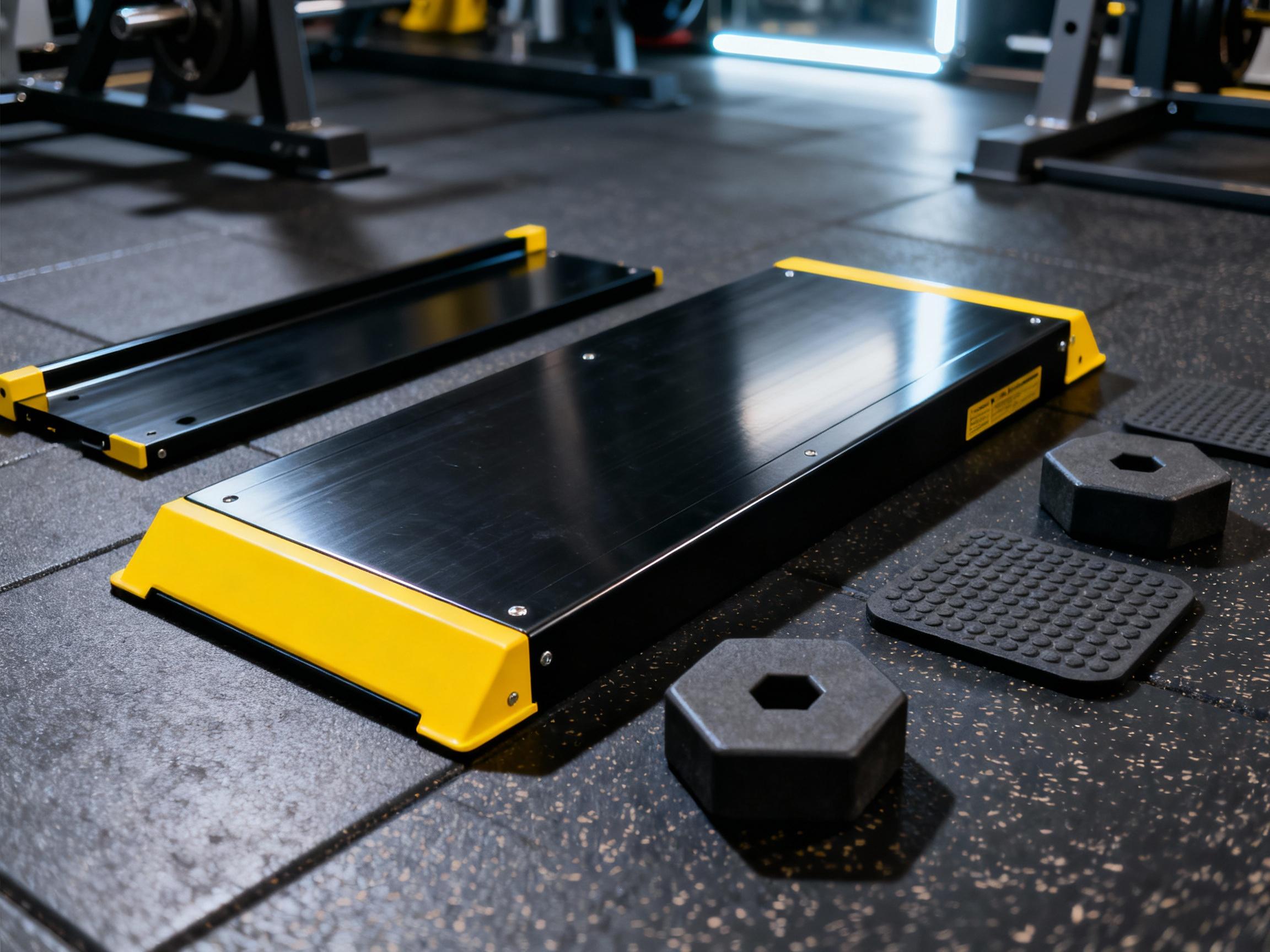 Close-up of a disassembled portable gym ramp kit on a rubber gym floor. Components include interlocking aluminum panels, hexagonal risers, and rubber grip pads. The panels have a matte black finish with bold yellow safety edges, lit under bright gym LED lights.