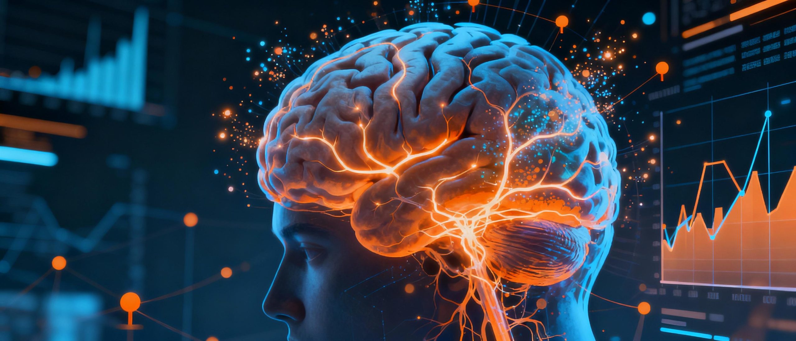 A digital illustration of a human brain overlaid with glowing neural pathways, surrounded by abstract graphs and motion-capture markers. Cool blues and warm oranges contrast to highlight cognitive and motor regions, while particles of light simulate real-time neural activity. The style is a fusion of scientific precision and artistic abstraction.