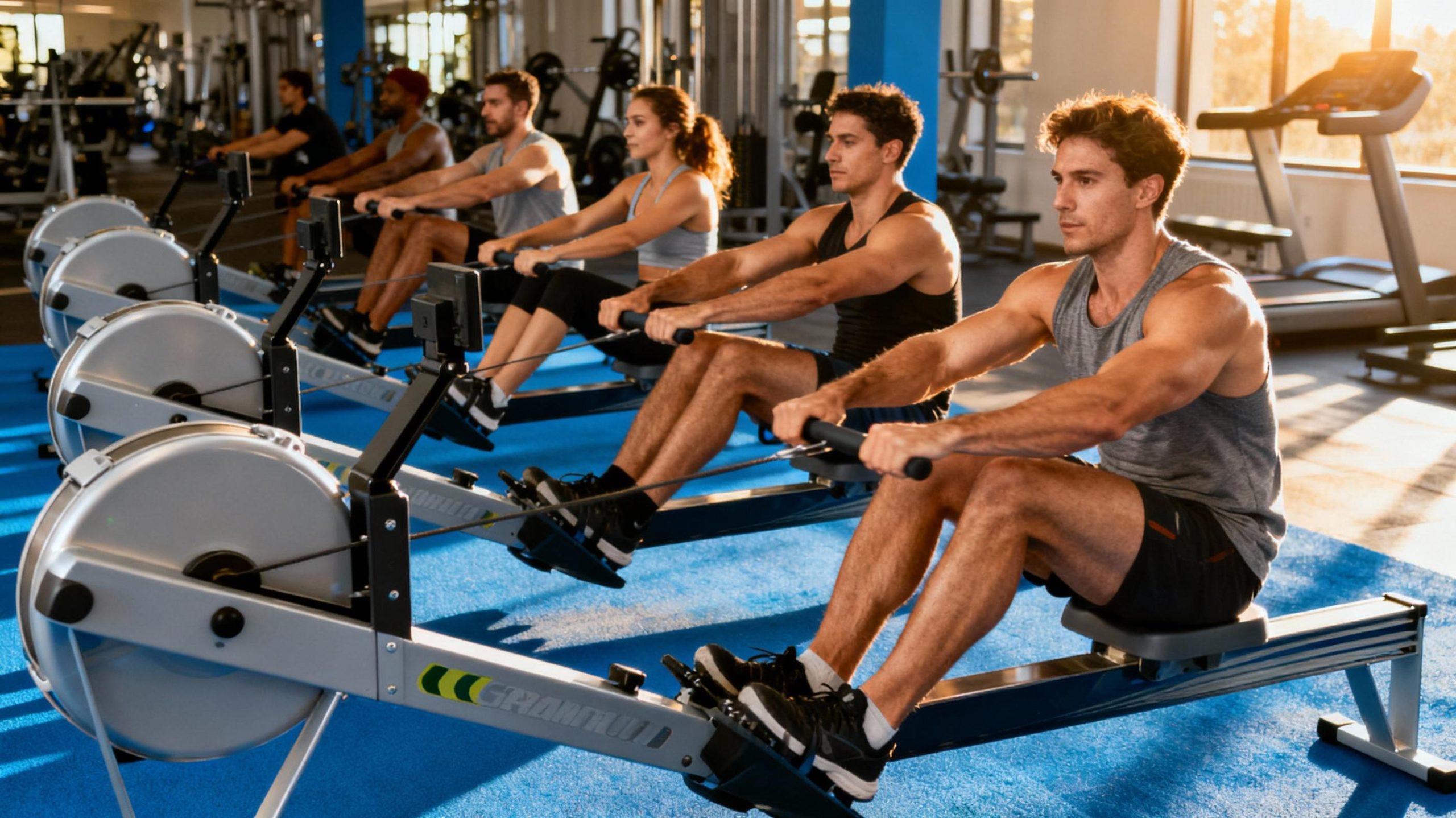 A diverse group of individuals using modern adaptive rowing machines in a sunlit gym, highlighting muscular engagement in arms, core, and legs; vibrant blue and silver equipment contrasts with warm natural lighting, emphasizing energy and focus.