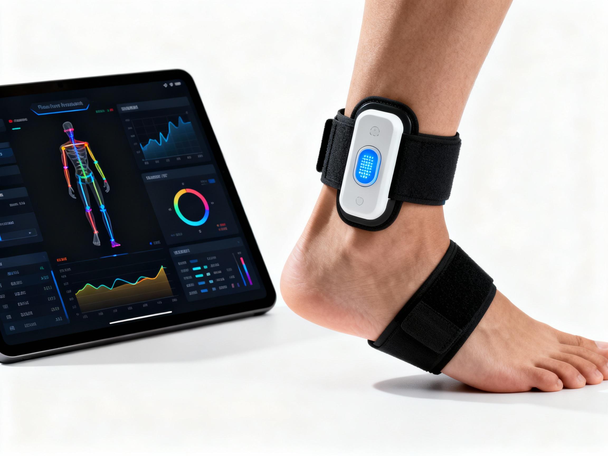 A close-up of a sensor-equipped wearable device on a patient’s ankle, with biomechanical diagrams and graphs displayed on a tablet nearby, showcasing real-time data analysis in a clinical setting.