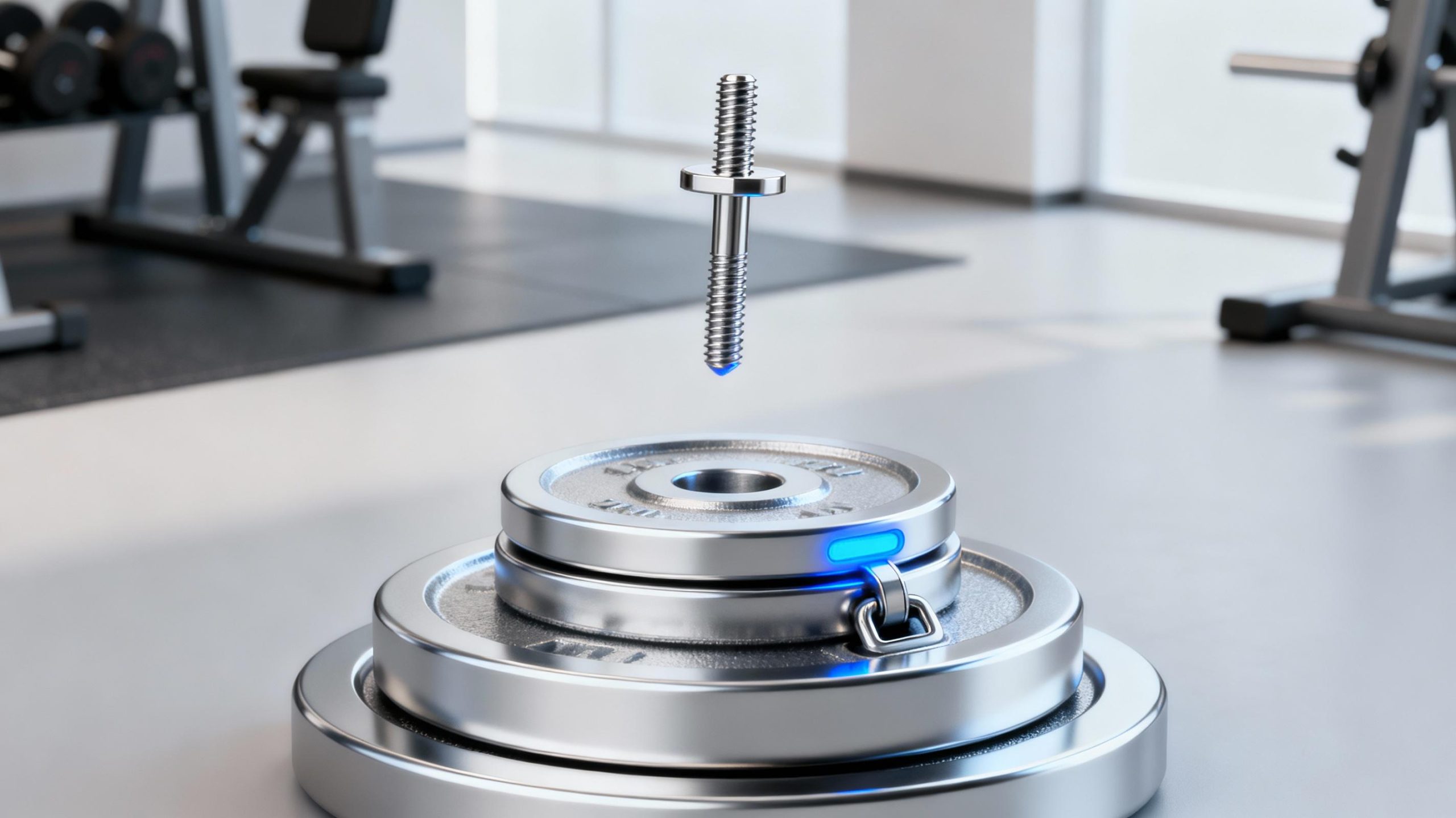 A 3D rendered image of a sleek, silver magnetic weight stack pin with a glowing blue LED indicator. The pin hovers slightly above a weight stack, illustrating its magnetic locking mechanism. The background features a minimalist gym setting with clean lines and neutral tones, highlighting the device’s modern, tech-forward aesthetic.