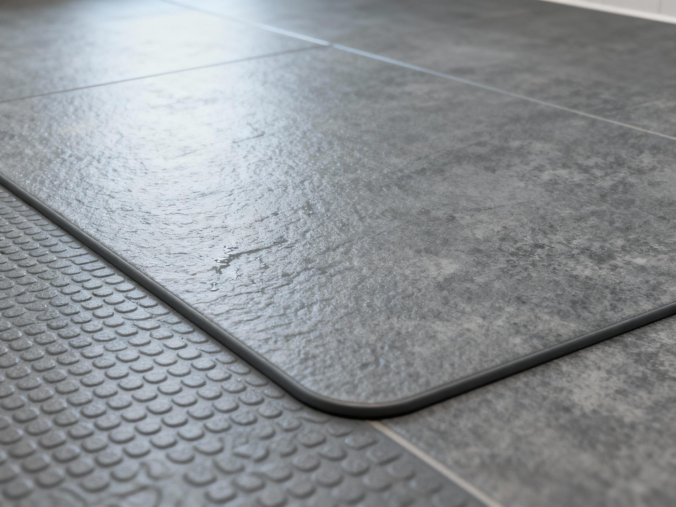 Close-up of Transfer-Aid flooring with a textured, non-slip surface in slate gray. The material shows subtle variations in pattern and depth, designed to provide traction even when wet. Soft overhead lighting highlights the floor's durability and seamless edges, creating a professional yet practical aesthetic.