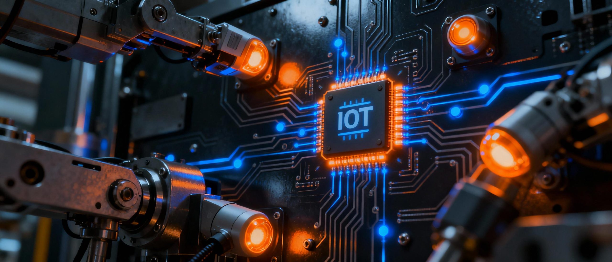 A network of interconnected IoT sensors embedded in machinery, glowing with orange and blue LED lights. The image highlights data transfer lines and microchips, set against a dark industrial backdrop, symbolizing seamless connectivity and intelligent automation.