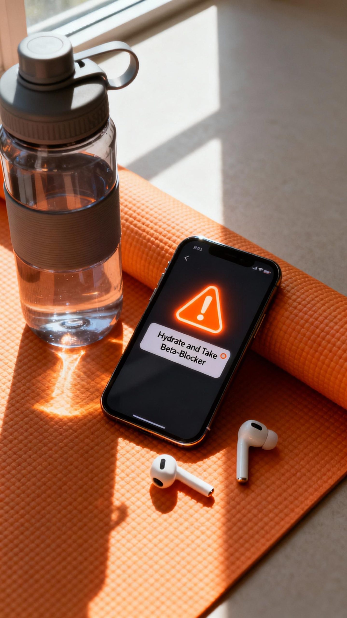 A close-up of a smartphone screen on a yoga mat, showing a medication alert notification with a glowing orange exclamation mark. Soft natural light filters through a window, illuminating a reusable water bottle and a pair of wireless earbuds. The notification reads, 'Hydrate and Take Beta-Blocker.'