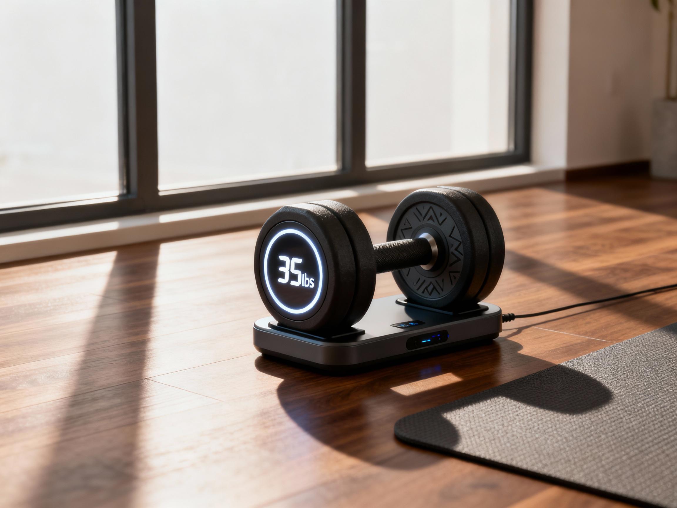 A minimalist home gym setup with walnut flooring and floor-to-ceiling windows. A single pair of magnetically-locked dumbbells rests on a compact charging station near a yoga mat. The dumbbell handles display glowing digital weight indicators showing '35lbs' in clean white numerals, surrounded by weight plates with subtle geometric patterns. Soft morning light creates long shadows across the scene.