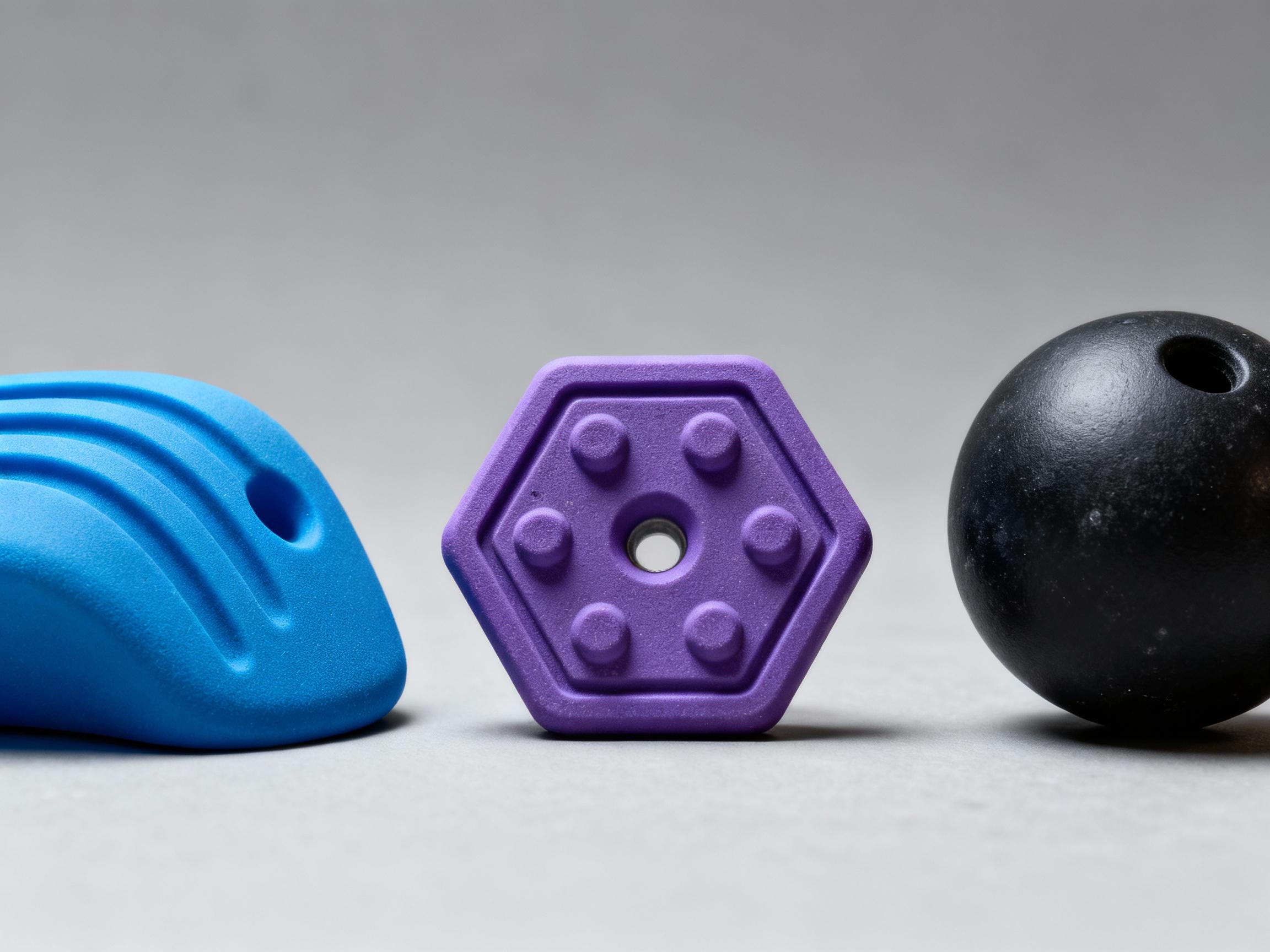 Close-up of adaptive climbing holds with varying textures: a blue silicone hold with gentle ridges, a lavender hexagonal grip with embedded tactile dots, and a matte-black spherical hold. The arrangement showcases a gradient from smooth to textured surfaces, with soft shadows highlighting ergonomic contours.