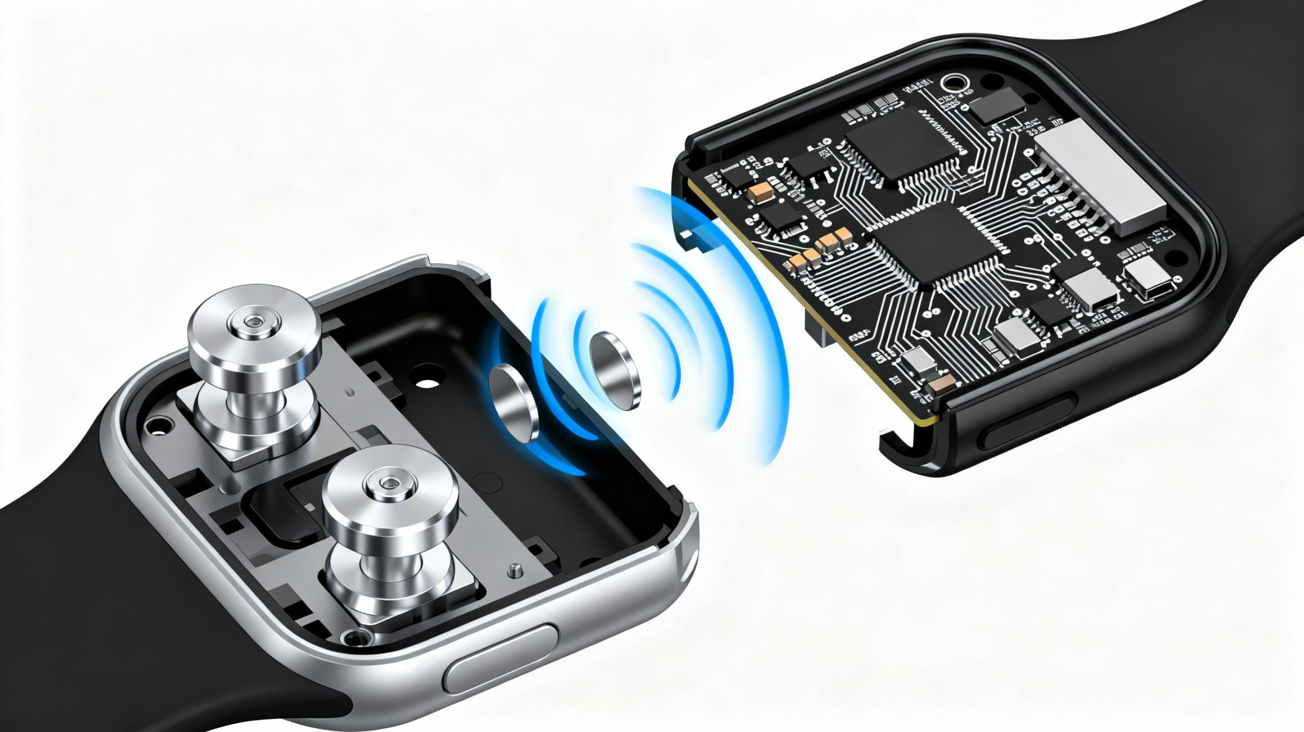 An exploded technical diagram of a wearable device’s internal components, highlighting silver micro-actuators and circuit boards against a white background, with blue energy waves symbolizing data transmission, minimalist vector illustration style with sharp lines and metallic textures.