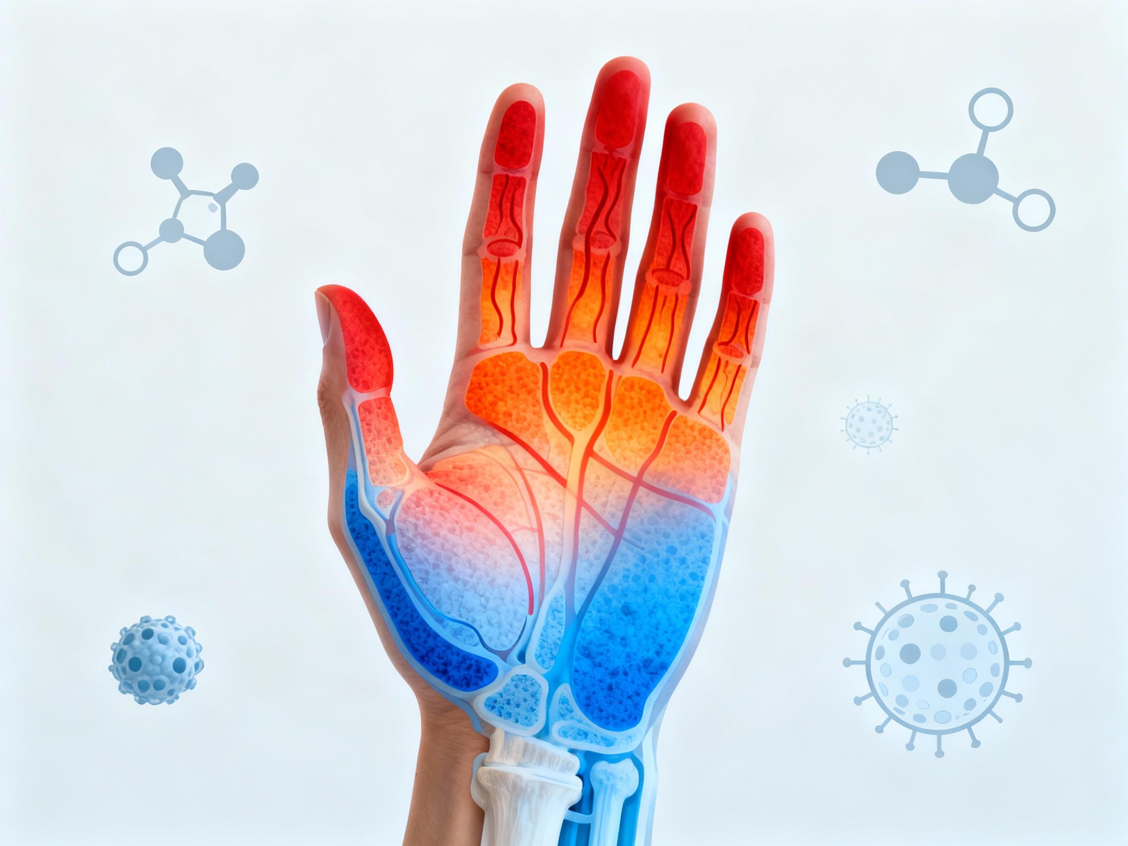 An illustrated cross-section of a human hand with color-coded heat maps showing increased blood flow (red and orange) during heat therapy and reduced inflammation (blue) during cold therapy. The background features scientific icons like molecules and cells in a minimalist style.