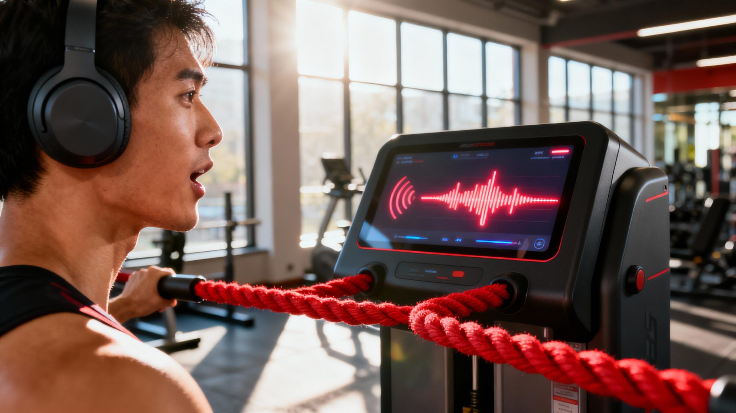 A close-up of a person wearing wireless headphones, speaking to a voice-controlled resistance machine with dynamic red resistance bands. The machine’s interface glows with responsive voice waveforms, set in a vibrant gym with sunlight streaming through floor-to-ceiling windows.