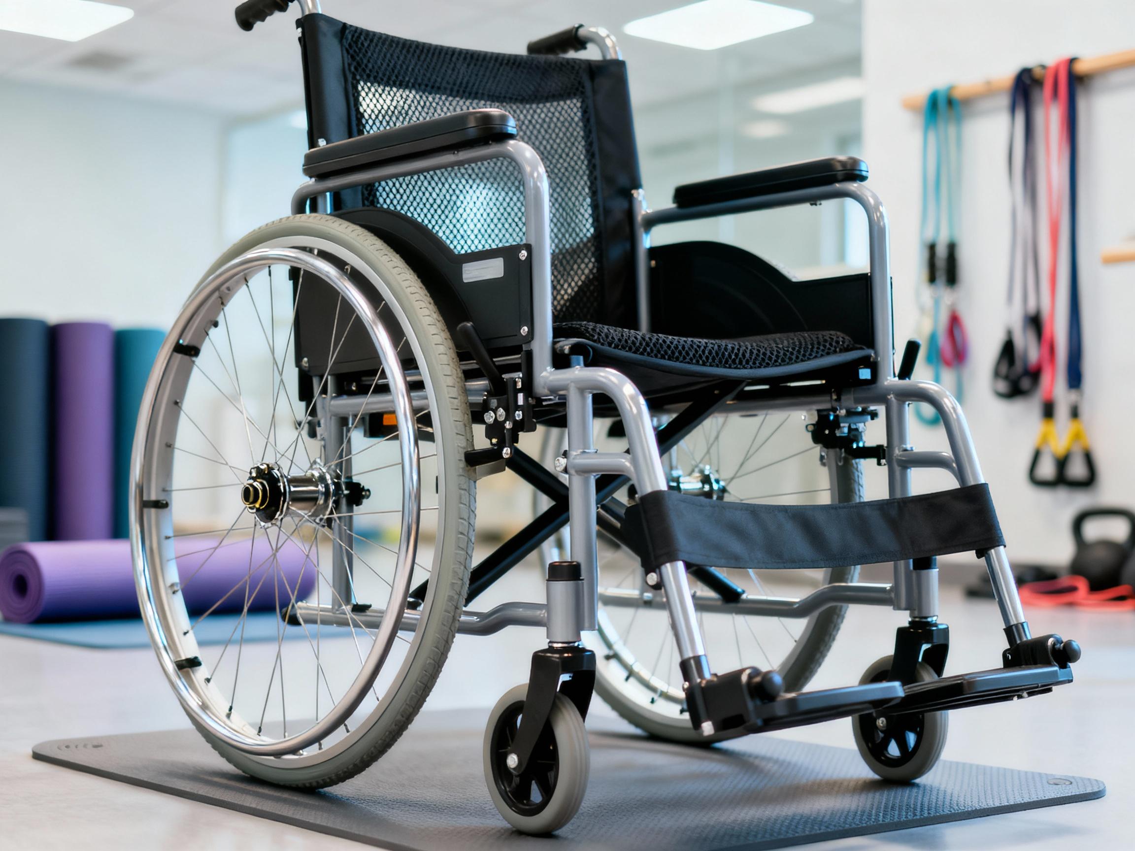 A close-up of a modern wheelchair with highlighted parts: sturdy locking wheels, a breathable mesh backrest, and adjustable footrests. The chair sits on a soft rubber mat in a clinical setting, with a blurred background of yoga mats and resistance bands. Bright overhead lighting emphasizes ergonomic design details.