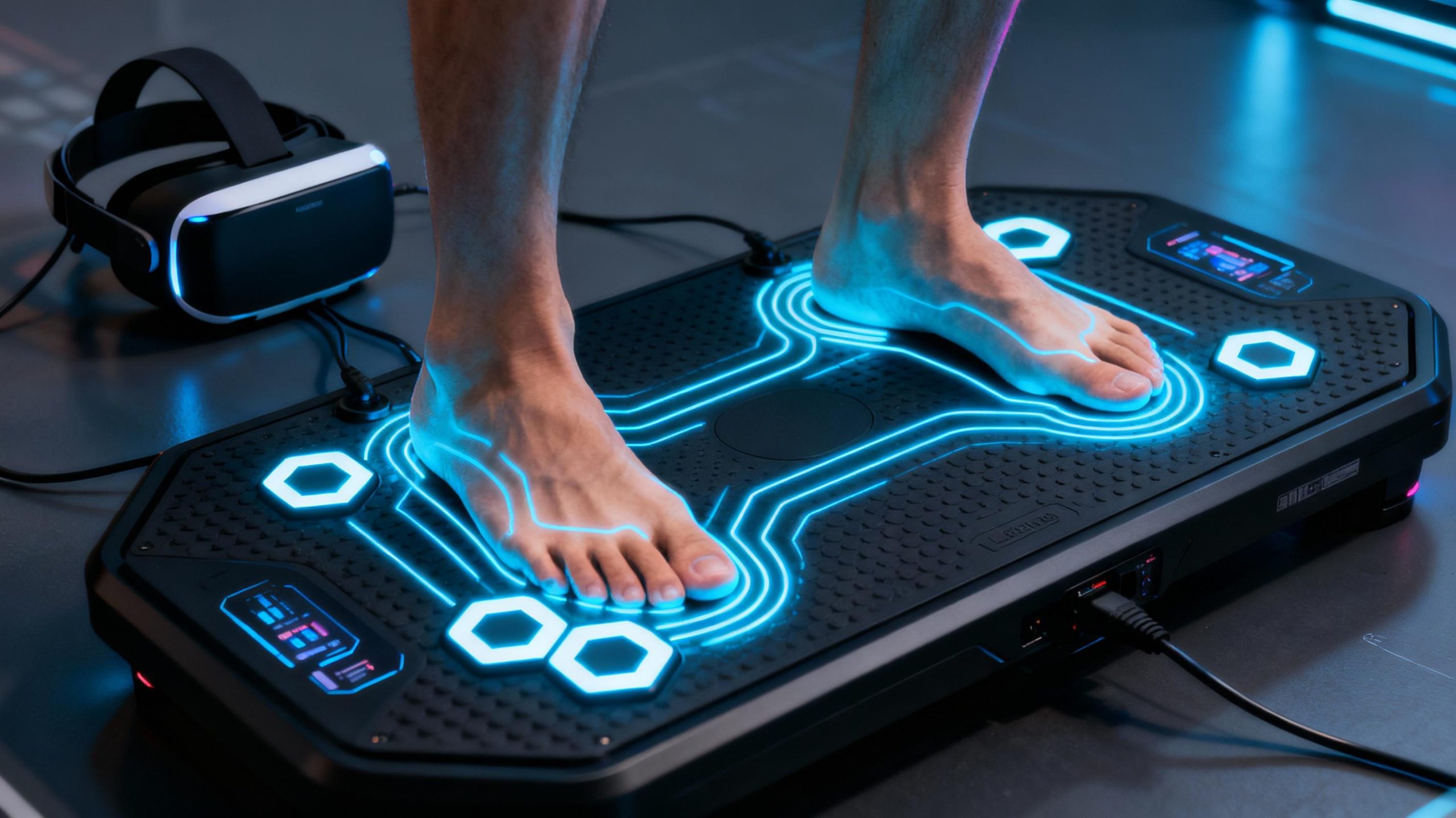 Close-up of a balance board with glowing hexagonal sensors, connected to a VR headset. Neon-blue light trails map foot pressure points. Cyberpunk aesthetic with matte-black surfaces and futuristic interfaces. Keywords: motion tracking, haptic feedback, biomechanics.