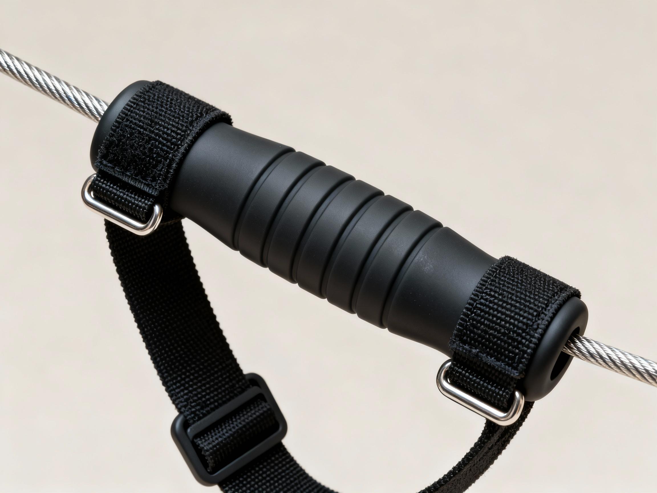 A high-resolution close-up of an adaptive cable cuff handle in matte black silicone, attached to a stainless steel cable. The image highlights the textured grip surface and adjustable Velcro straps against a neutral studio backdrop with crisp, shadowless lighting.