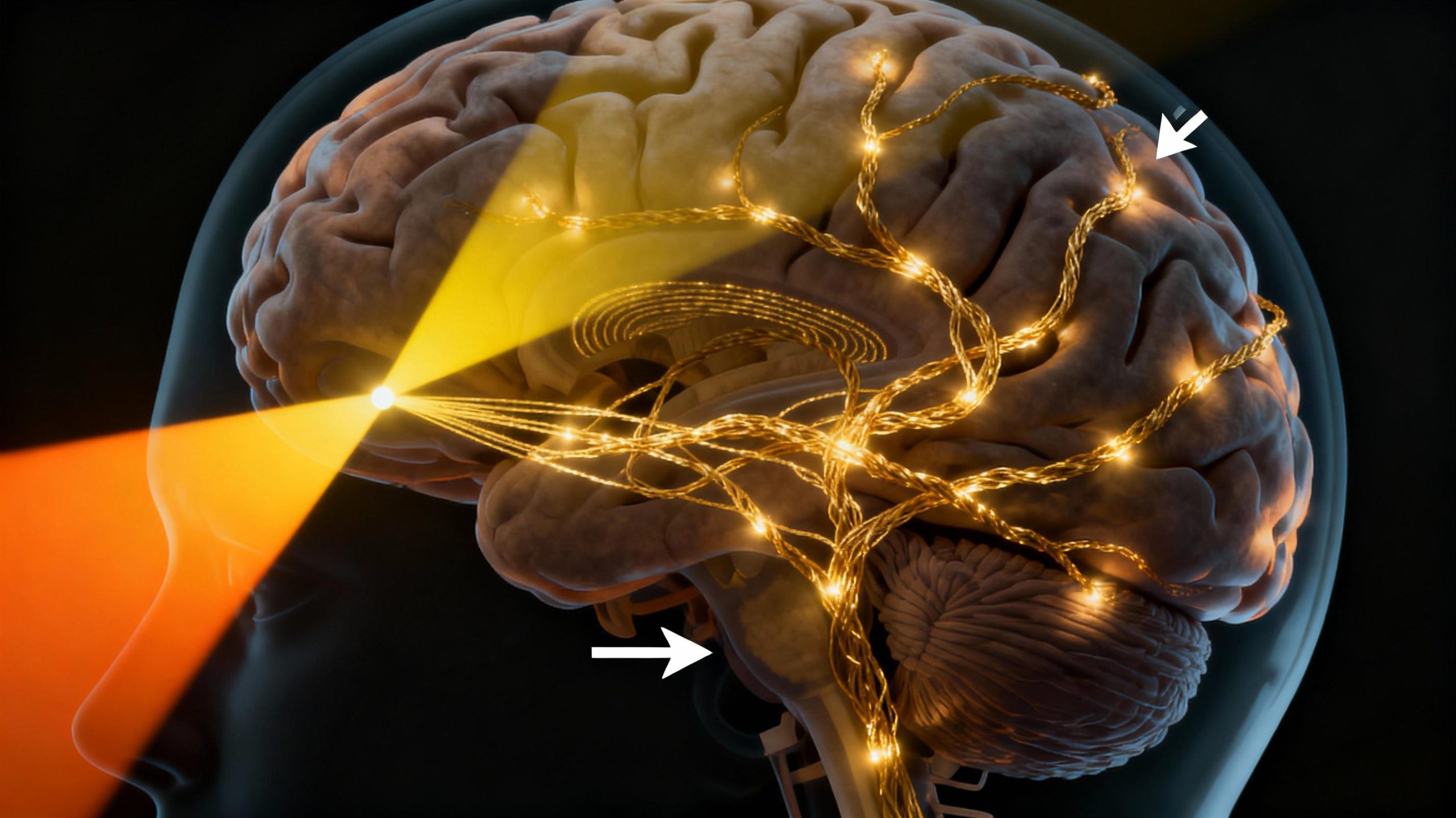 A detailed diagram of a brain with neural pathways illuminated by golden threads, intersecting with a beam of light that transitions from yellow to orange. Arrows indicate bidirectional communication between neurons and light patterns, emphasizing neuroscience and sensory integration.