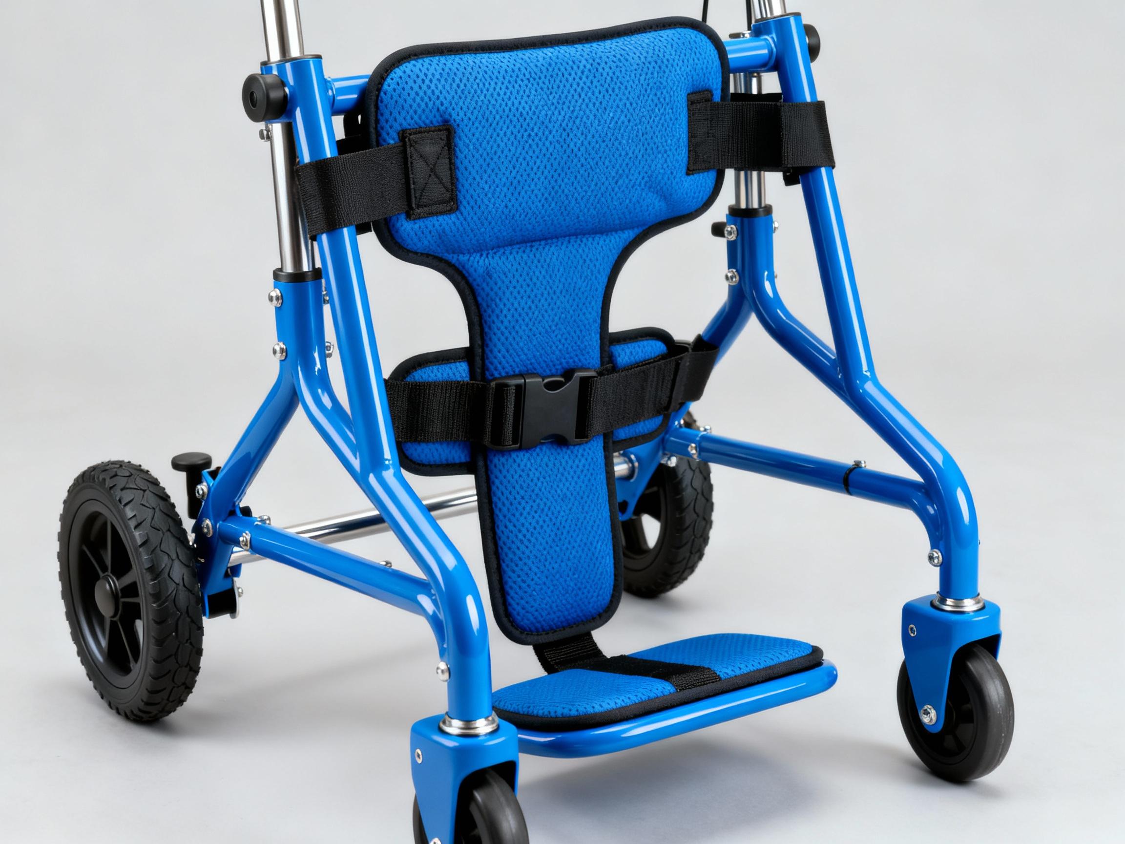 A detailed close-up of a CP-specific gait trainer with modular components: padded torso support, adjustable harness, rubberized wheels, and reinforced metal frame. The device is shown in a bright blue color against a neutral background, emphasizing its ergonomic design and safety features.