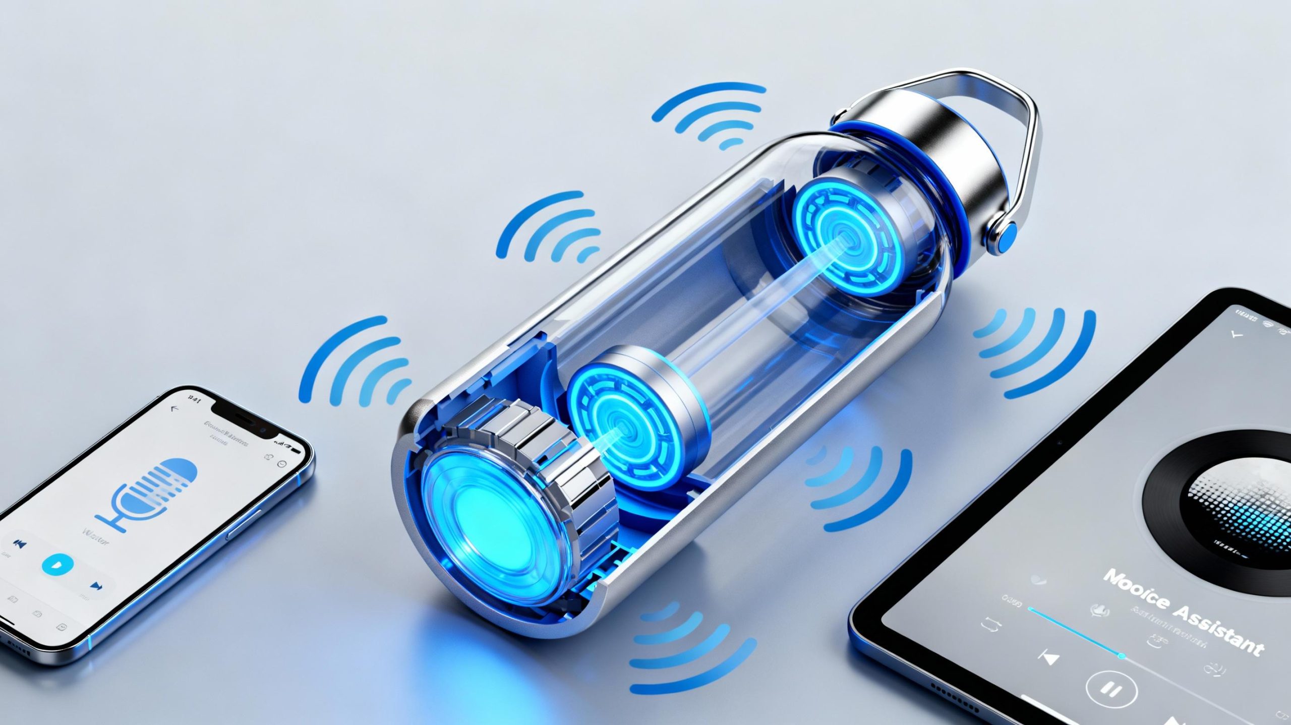 A cross-sectional diagram of a smart water bottle with glowing blue sensors, wireless signal waves connecting to a smartphone app, and a voice assistant interface displayed on a tablet, rendered in a sleek, futuristic tech style.