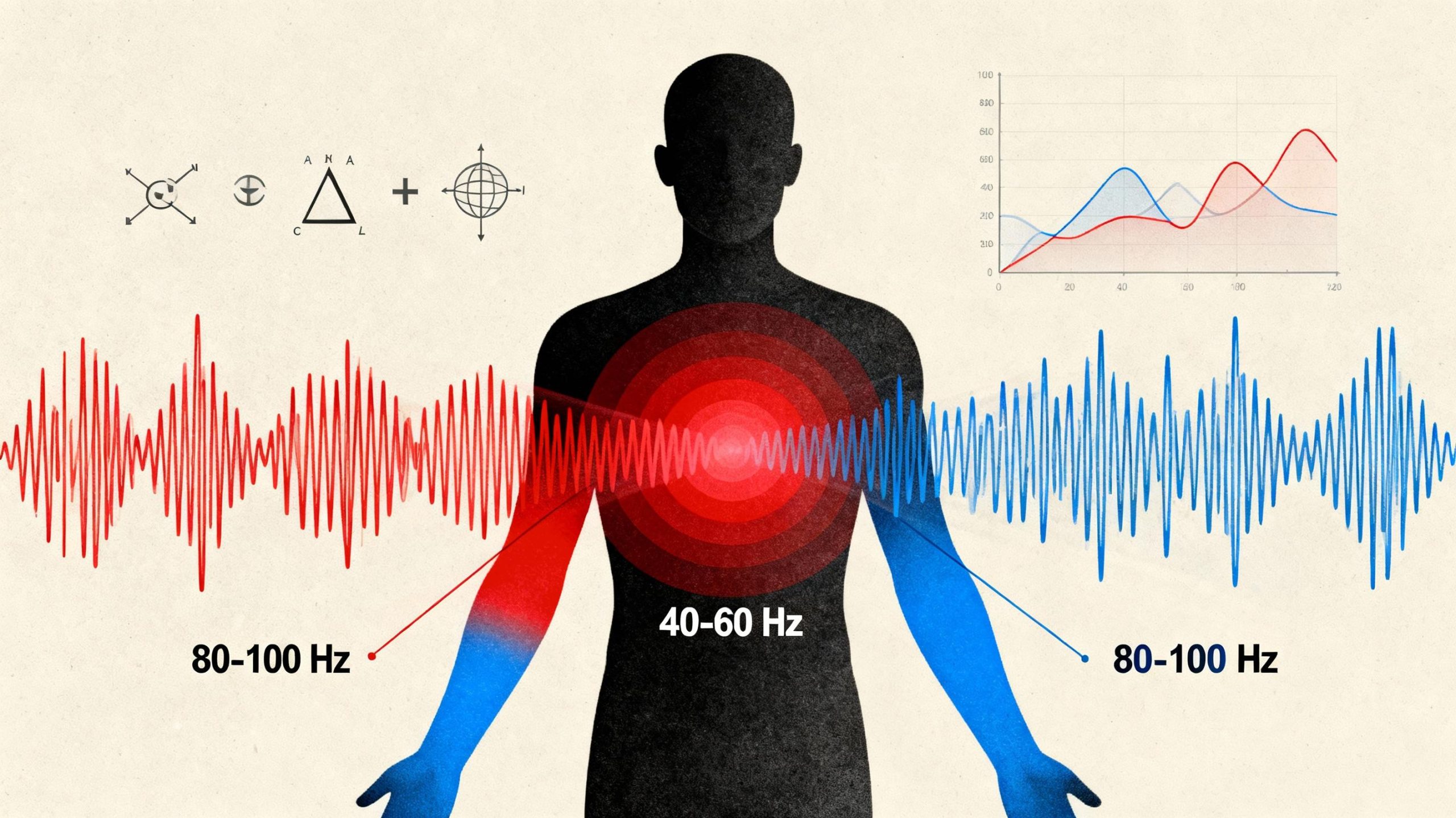 A detailed diagram illustrating sound waves and vibration frequencies penetrating a human figure, with color-coded zones showing resonance in the chest (red, 40-60 Hz) and limbs (blue, 80-100 Hz). Scientific symbols and graphs overlay a neutral background.