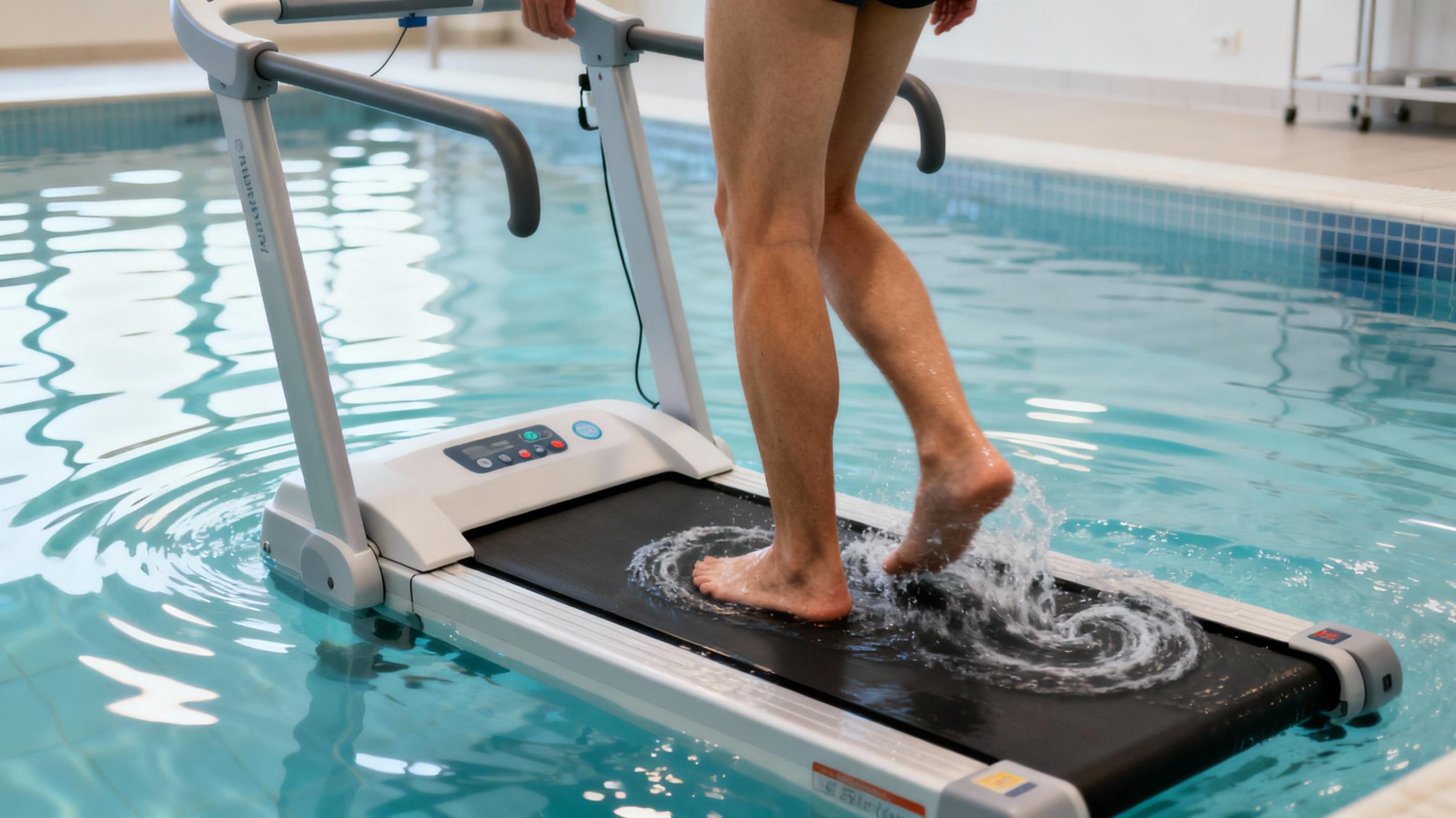 A modern hydrotherapy treadmill submerged in a clean, indoor pool. The machine features adjustable speed controls and handrails, with water gently swirling around a user’s feet. Bright, clinical lighting reflects off the water’s surface, conveying a professional and therapeutic setting.