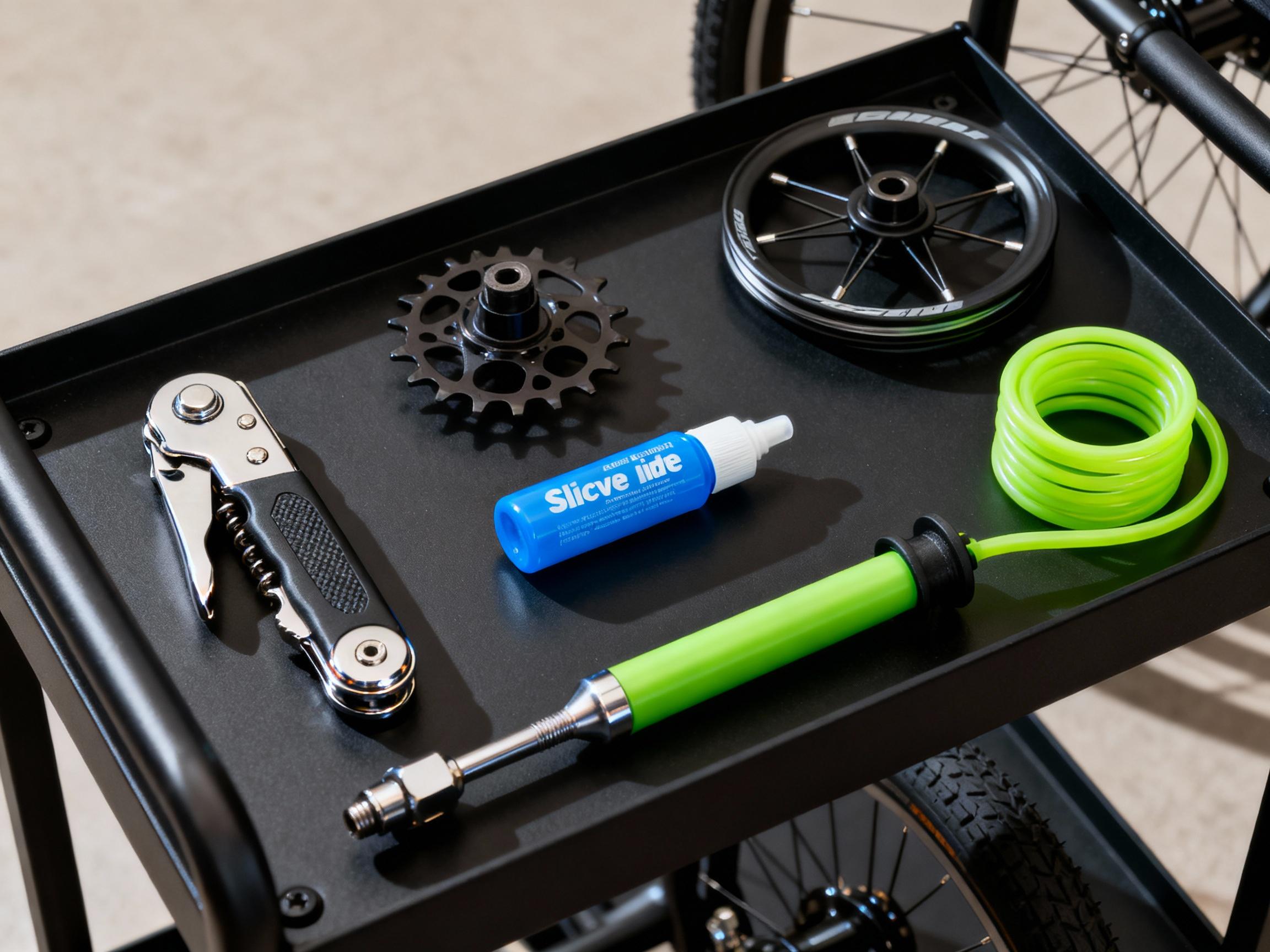 A meticulously arranged adaptive sports chair maintenance kit on a sleek black workbench. Components include a multi-tool with polished metal finishes, a blue silicone lubricant canister, spare spokes, a bright green tire pump, and a coiled torque wrench. Soft overhead lighting creates crisp shadows, highlighting each item’s design.