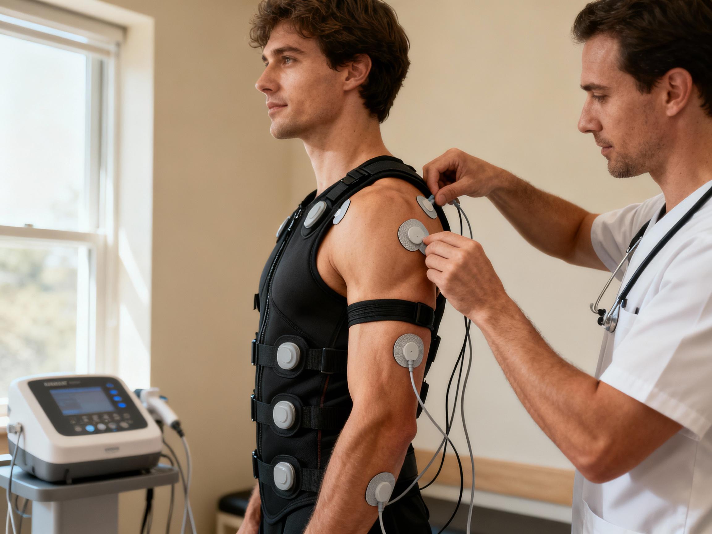A therapist adjusting an EMS suit on a patient in a clinical setting. The suit's electrodes are strategically placed on the shoulder and arm muscles. Neutral-colored walls and medical equipment in the background convey a professional environment, while natural light from a nearby window highlights the focused interaction between patient and therapist.