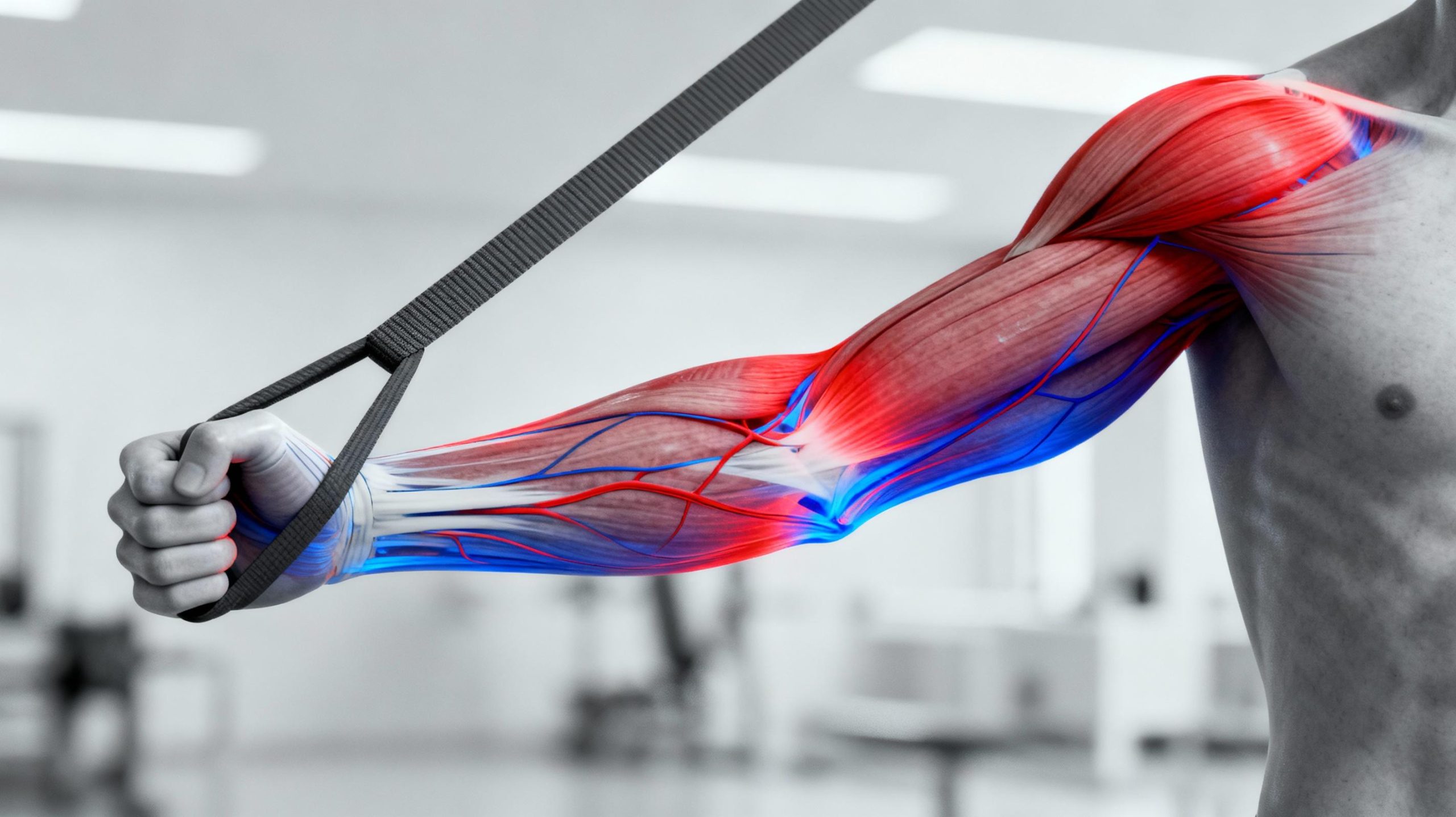 A 3D anatomical illustration of a human arm gripping a resistance band, with red and blue overlays showing muscle activation in the forearms, biceps, and shoulders. The band stretches diagonally across a muted laboratory-style backdrop, emphasizing scientific analysis.