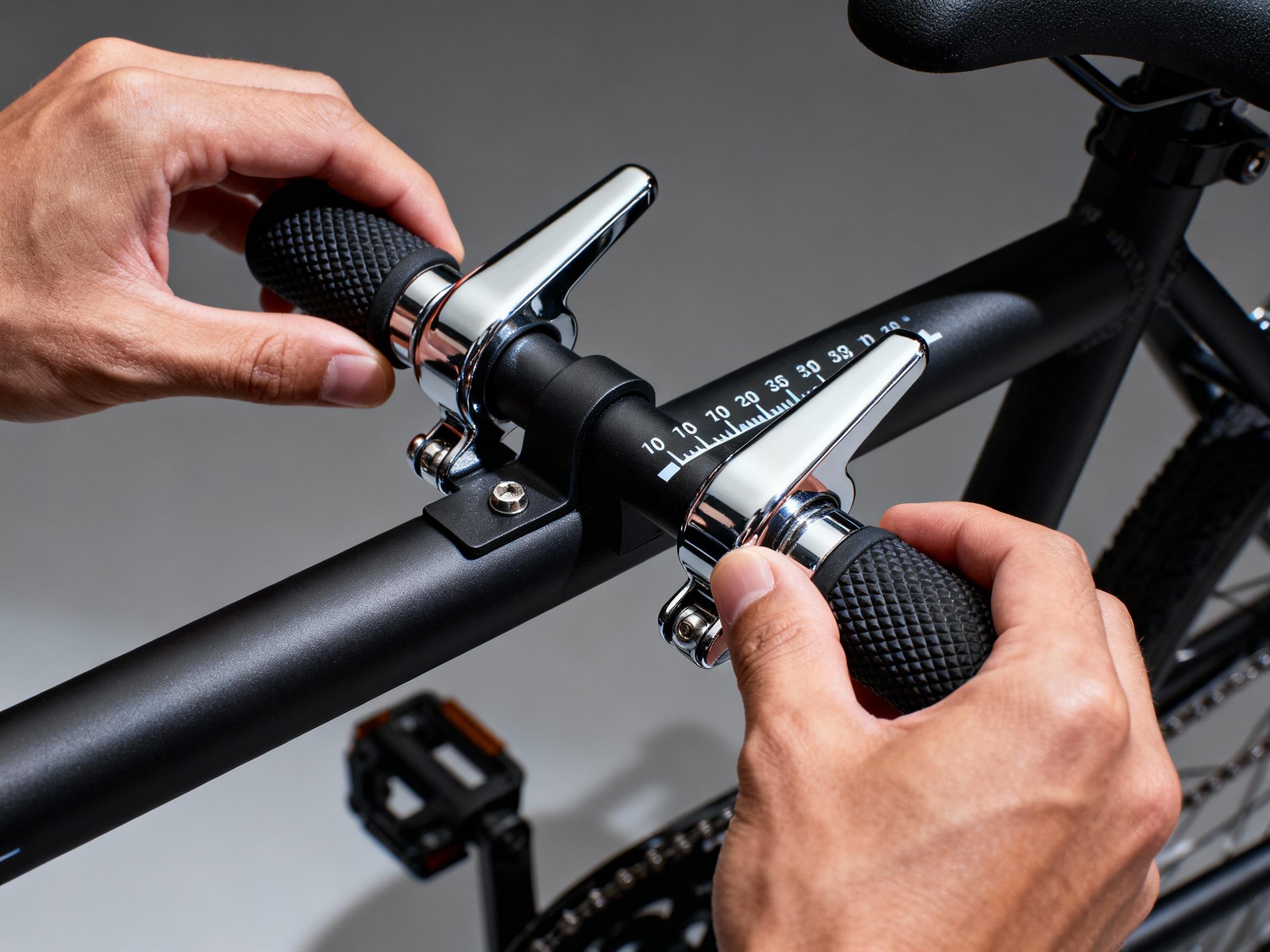 Close-up of an adjustable recumbent bike's mechanism, focusing on a user's hands fine-tuning the seat position along a horizontal rail. The image highlights chrome adjustment levers, textured grips, and numbered markers for precise alignment. The bike's reinforced steel frame is shown in matte black, with shadowed lighting emphasizing durability and user-friendly design elements.