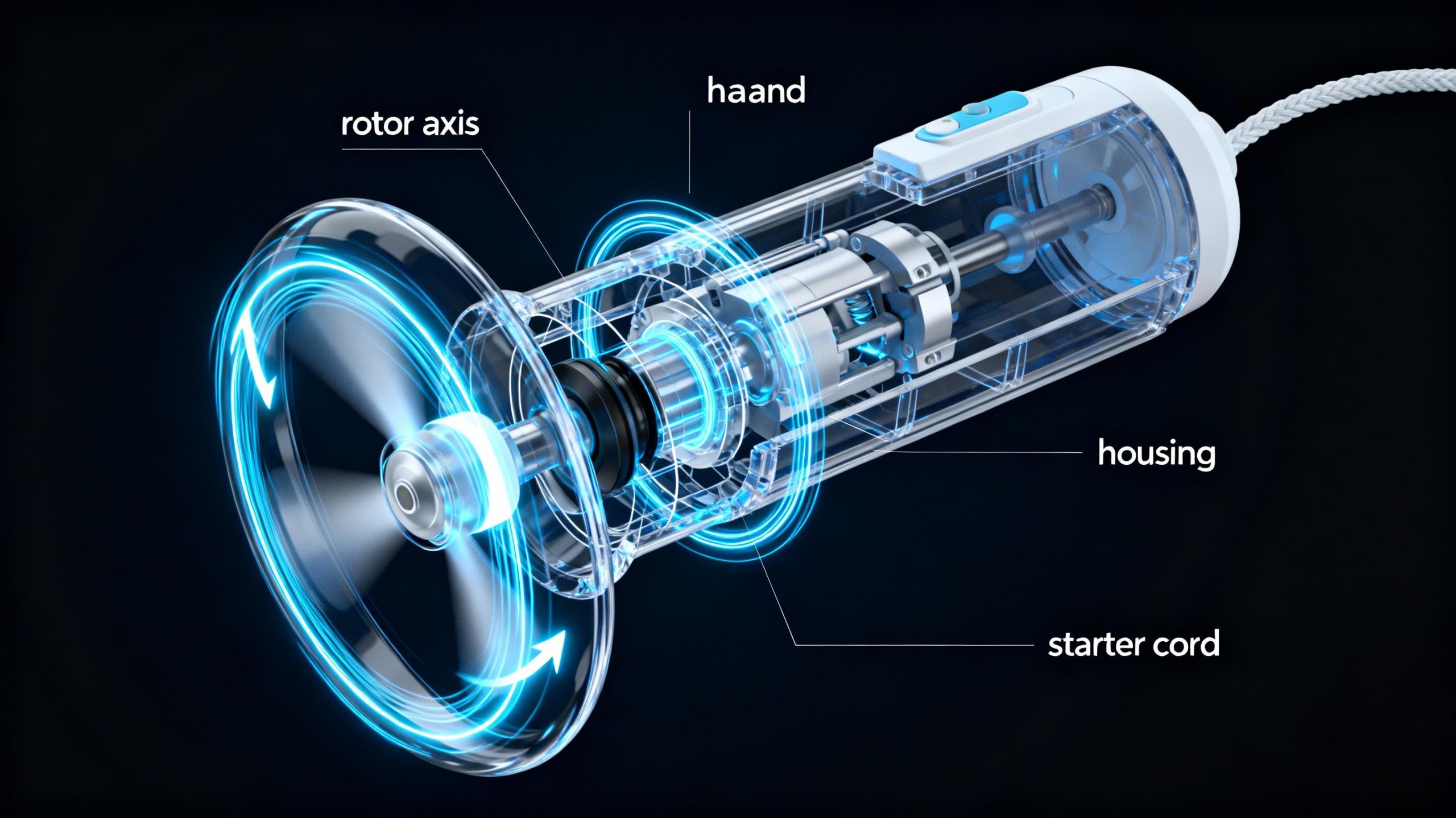 A technical cross-section illustration of a gyroscopic hand trainer. The image reveals the internal rotor mechanism, with glowing motion lines indicating spin direction. Labels highlight components like the rotor axis, housing, and starter cord. The style is semi-transparent, with a sci-fi blue-and-white color scheme, set against a dark background for contrast.
