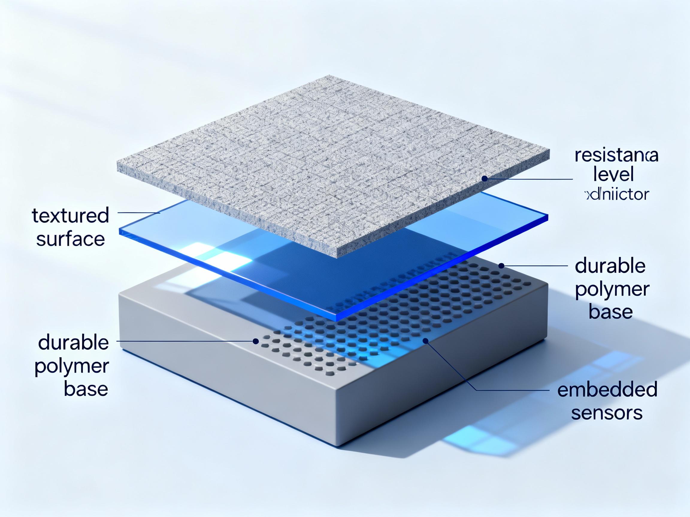 A technical illustration showing cross-sectional layers of a resistance level indicator: textured surface, durable polymer base, and embedded sensors, rendered in minimalist blue and gray tones with labeled components and light reflections for depth.