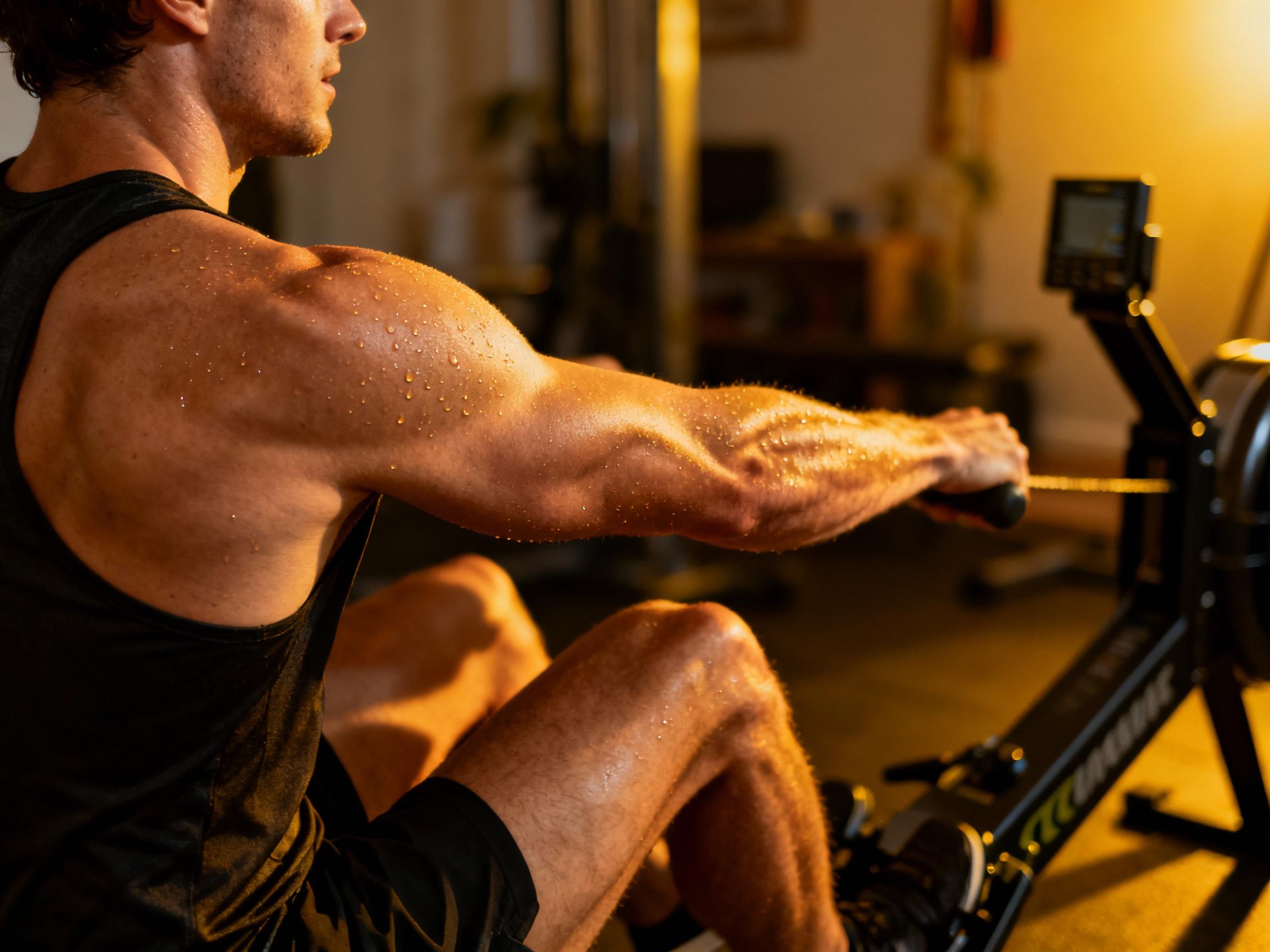 A close-up of a person's upper body using a seated kayak ergometer, showcasing engaged shoulder and arm muscles. The image emphasizes the contraction of the latissimus dorsi and triceps, with a blurred background of a home gym setup. Warm lighting accentuates sweat and effort, conveying intensity.